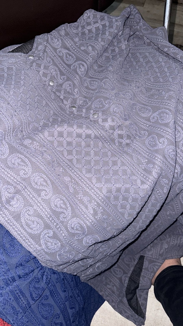 Premium Georgette Chikankari Kurta for Men with Fine Detailing - Blue Grey