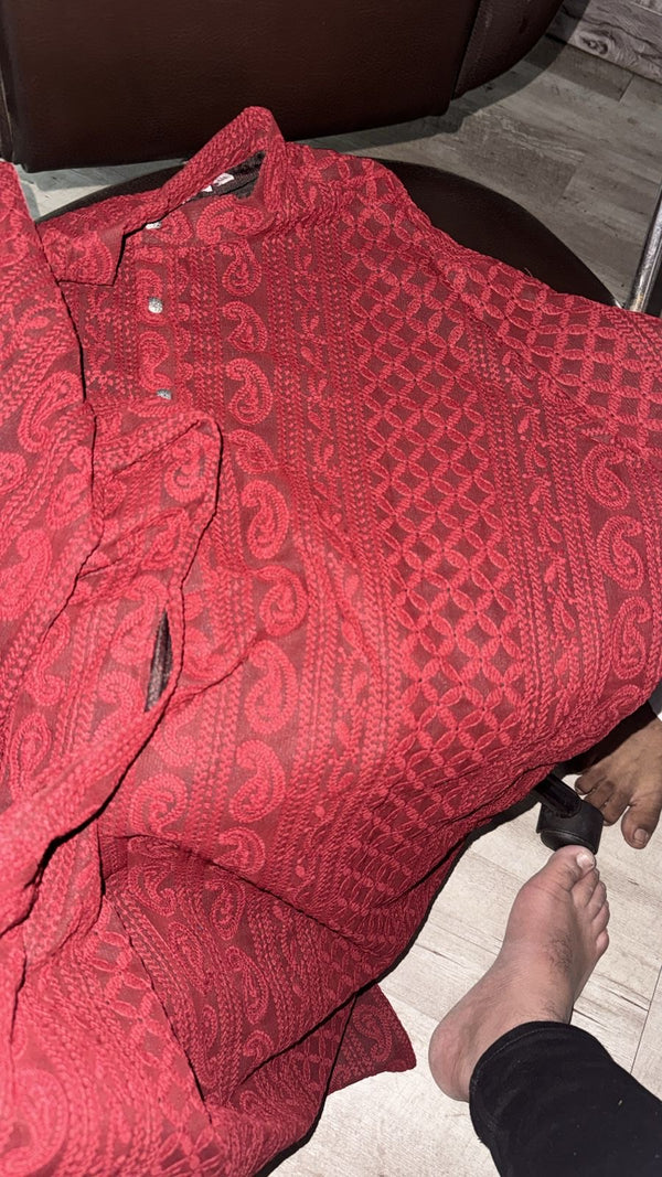 Premium Georgette Chikankari Kurta for Men with Fine Detailing - Maroon