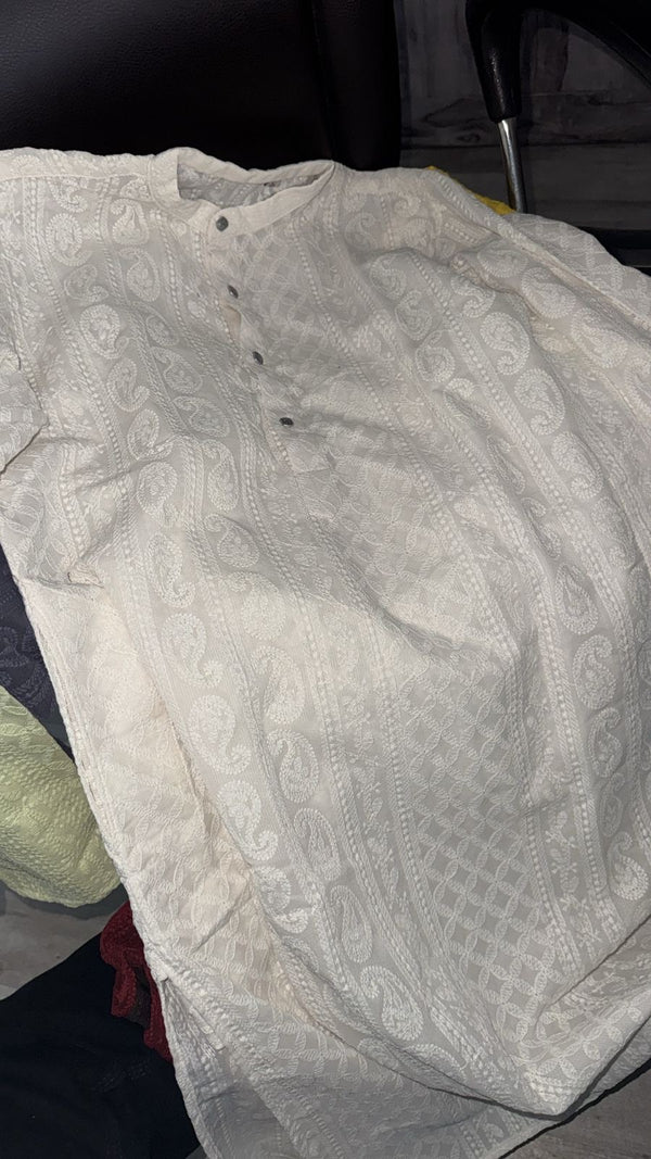 Premium Georgette Chikankari Kurta for Men with Fine Detailing - White