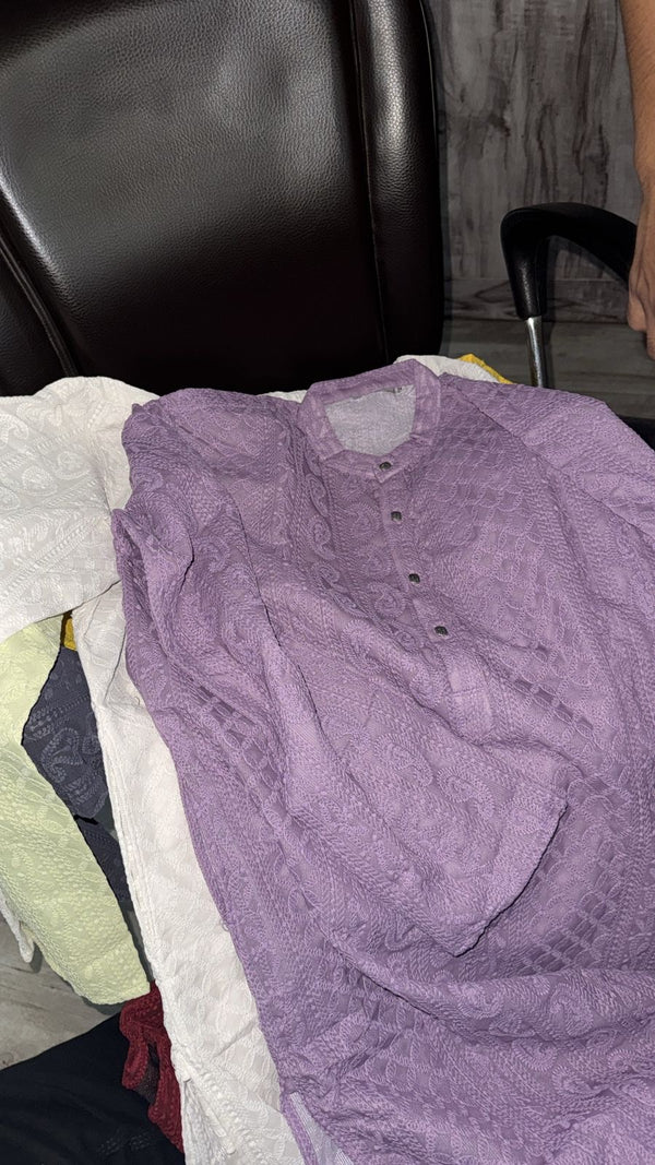 Premium Georgette Chikankari Kurta for Men with Fine Detailing - Lavender