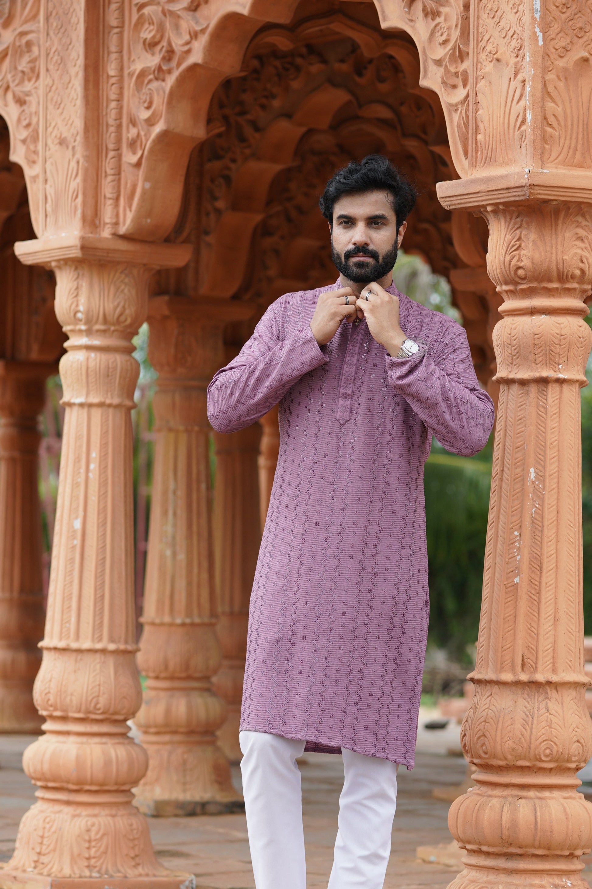 Men's Mauve Chikankari Embroidered and Sequin Kurta
