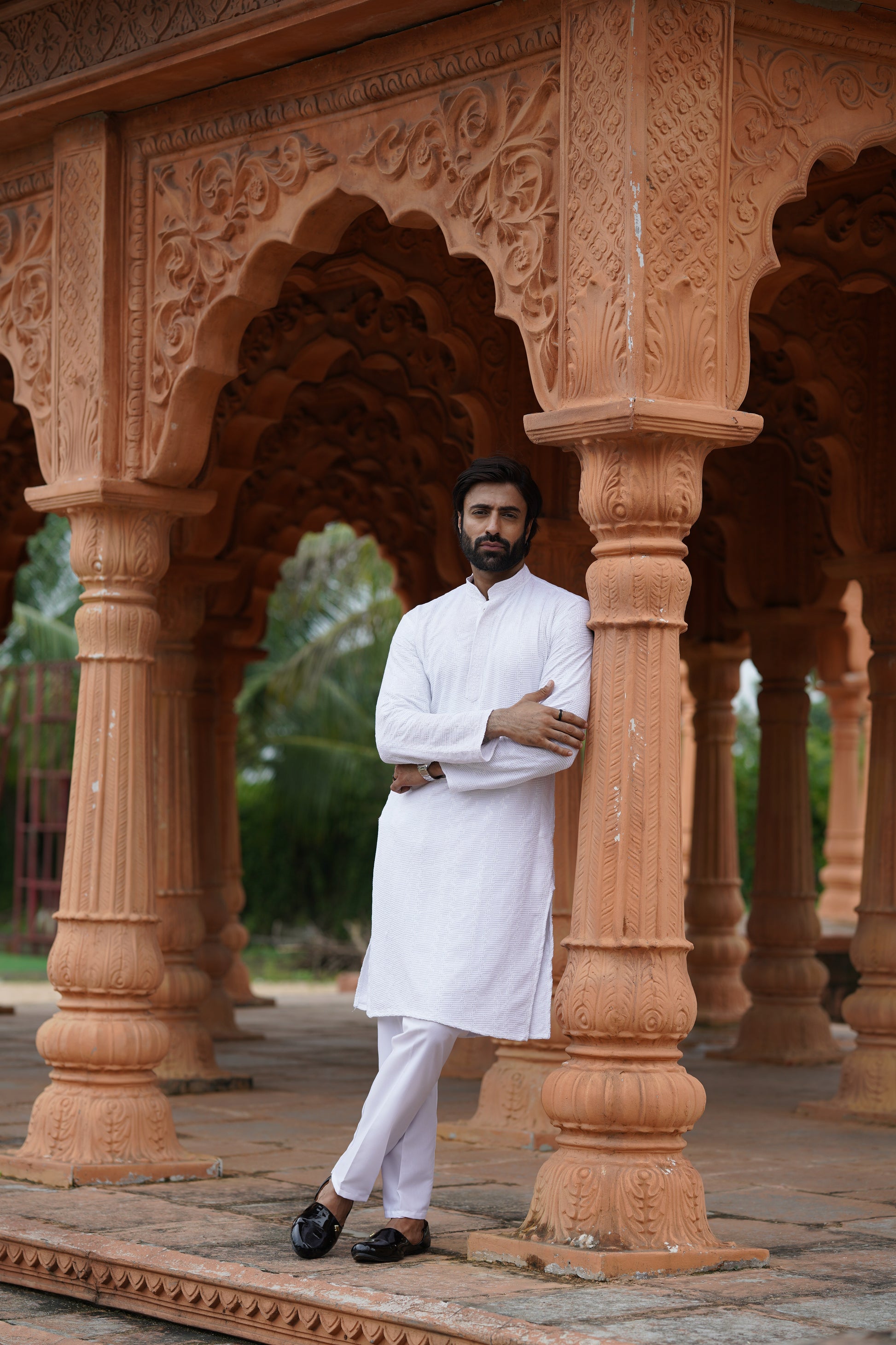 Men's White Chikankari Embroidered and Sequin Kurta