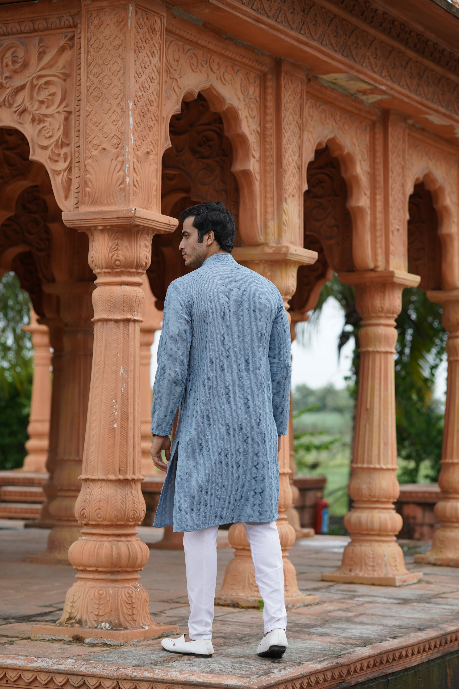 Men's Powder Blue Chikankari Embroidered and Sequin Kurta