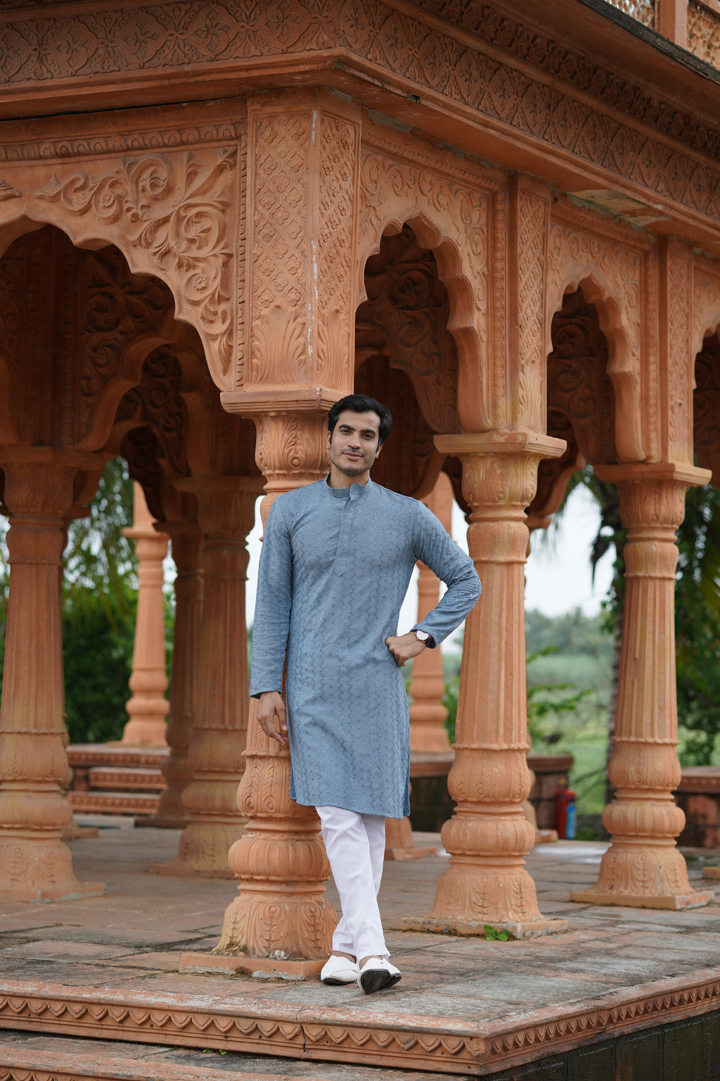 Men's Powder Blue Chikankari Embroidered and Sequin Kurta