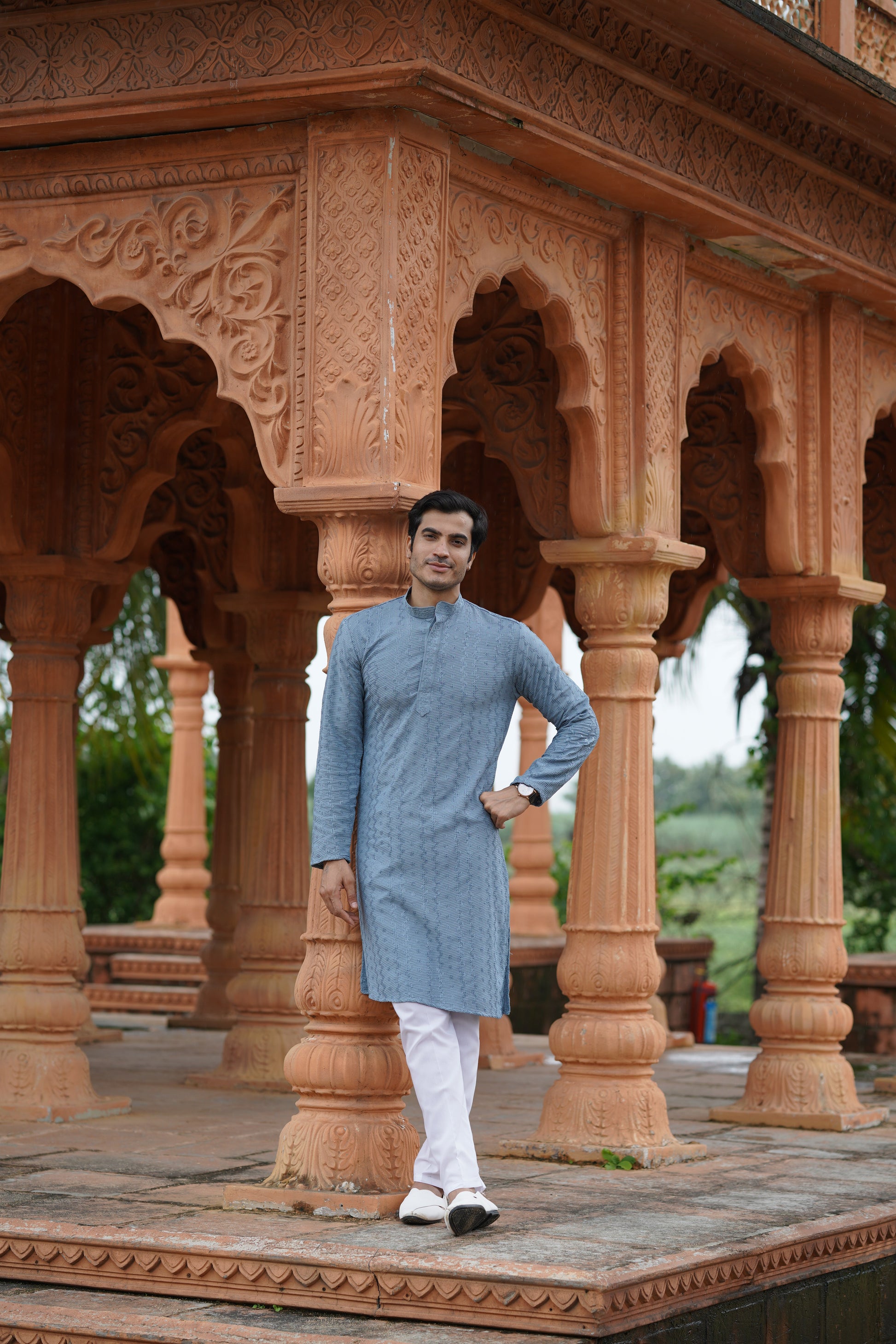 Men's Powder Blue Chikankari Embroidered and Sequin Kurta