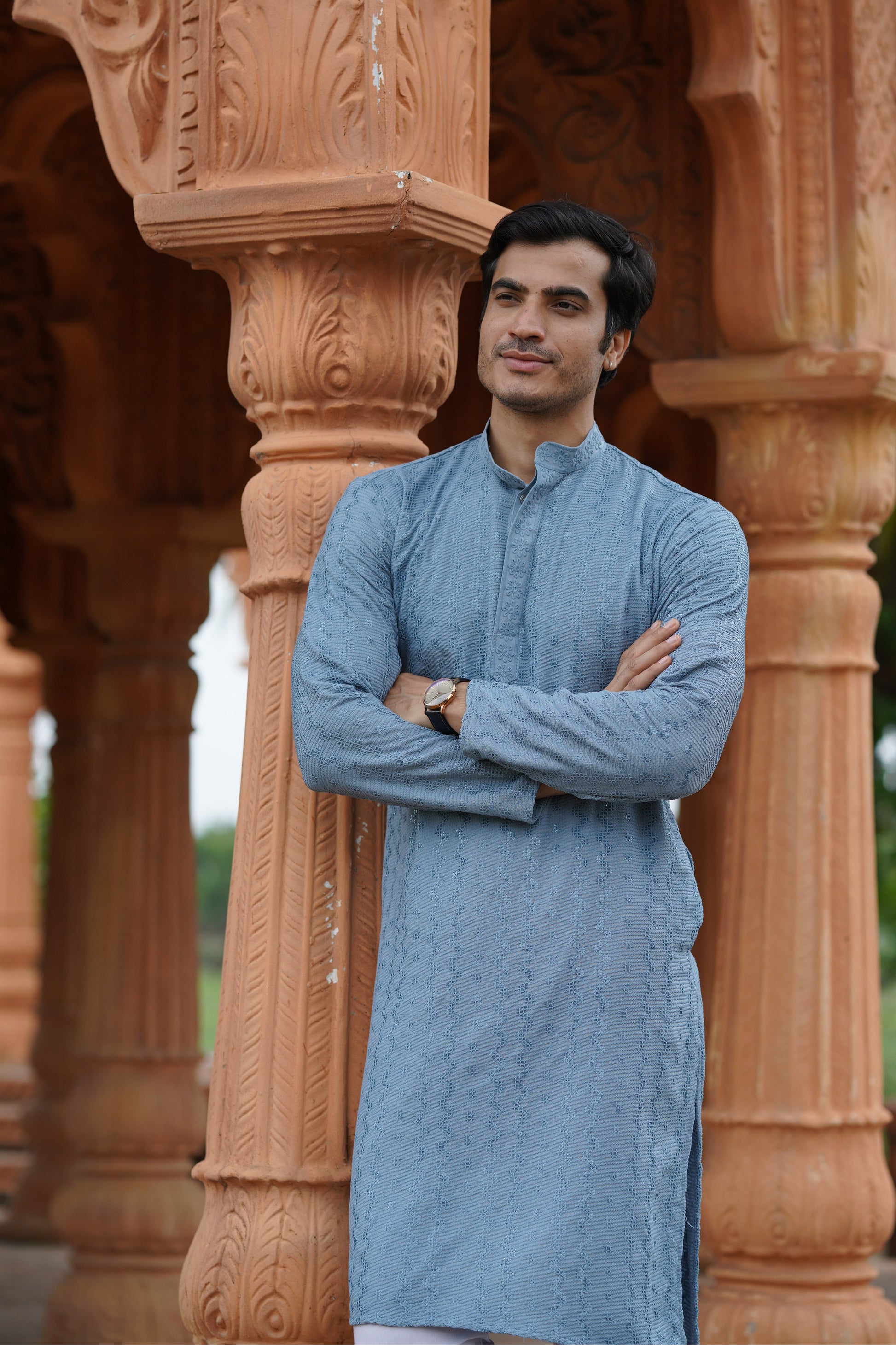 Men's Powder Blue Chikankari Embroidered and Sequin Kurta