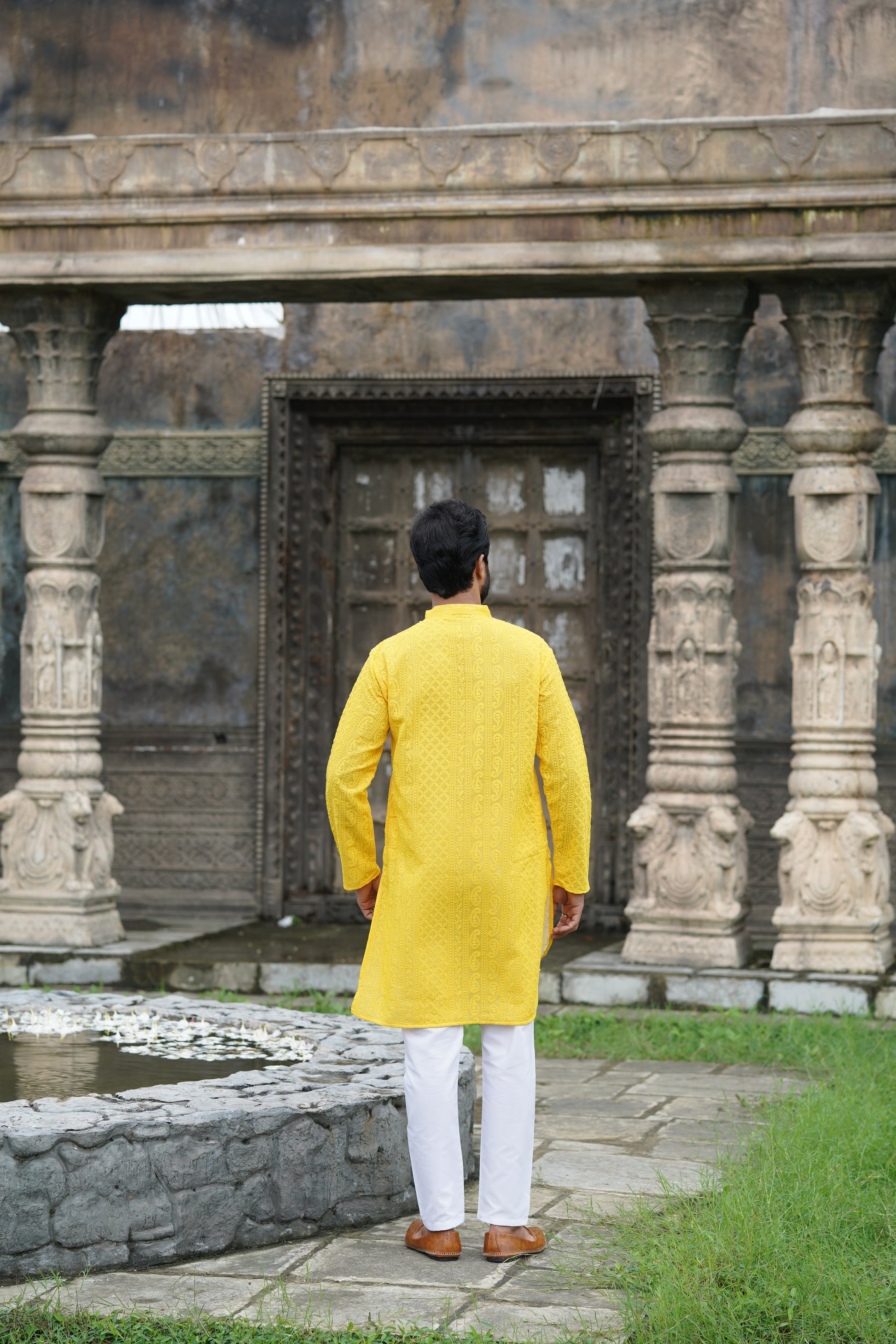 Yellow Georgette Chikankari Kurta for Men