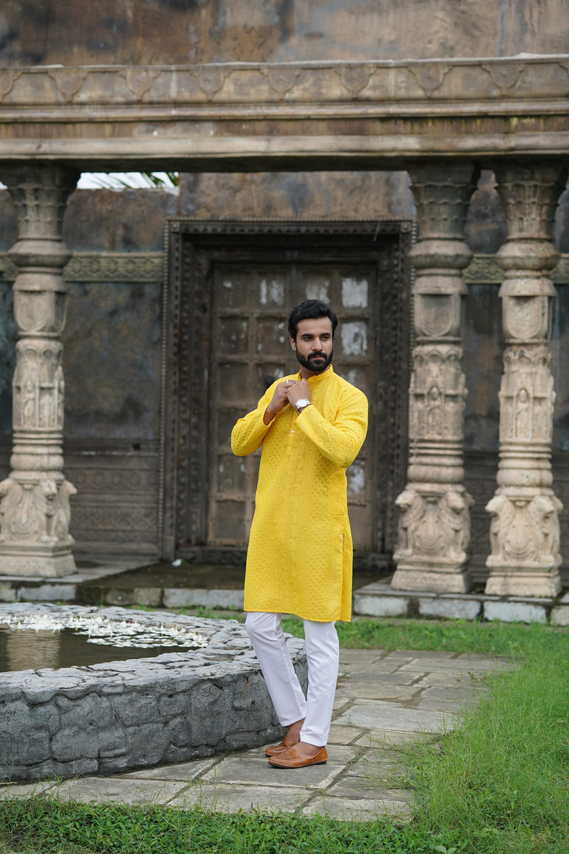 Yellow Georgette Chikankari Kurta for Men