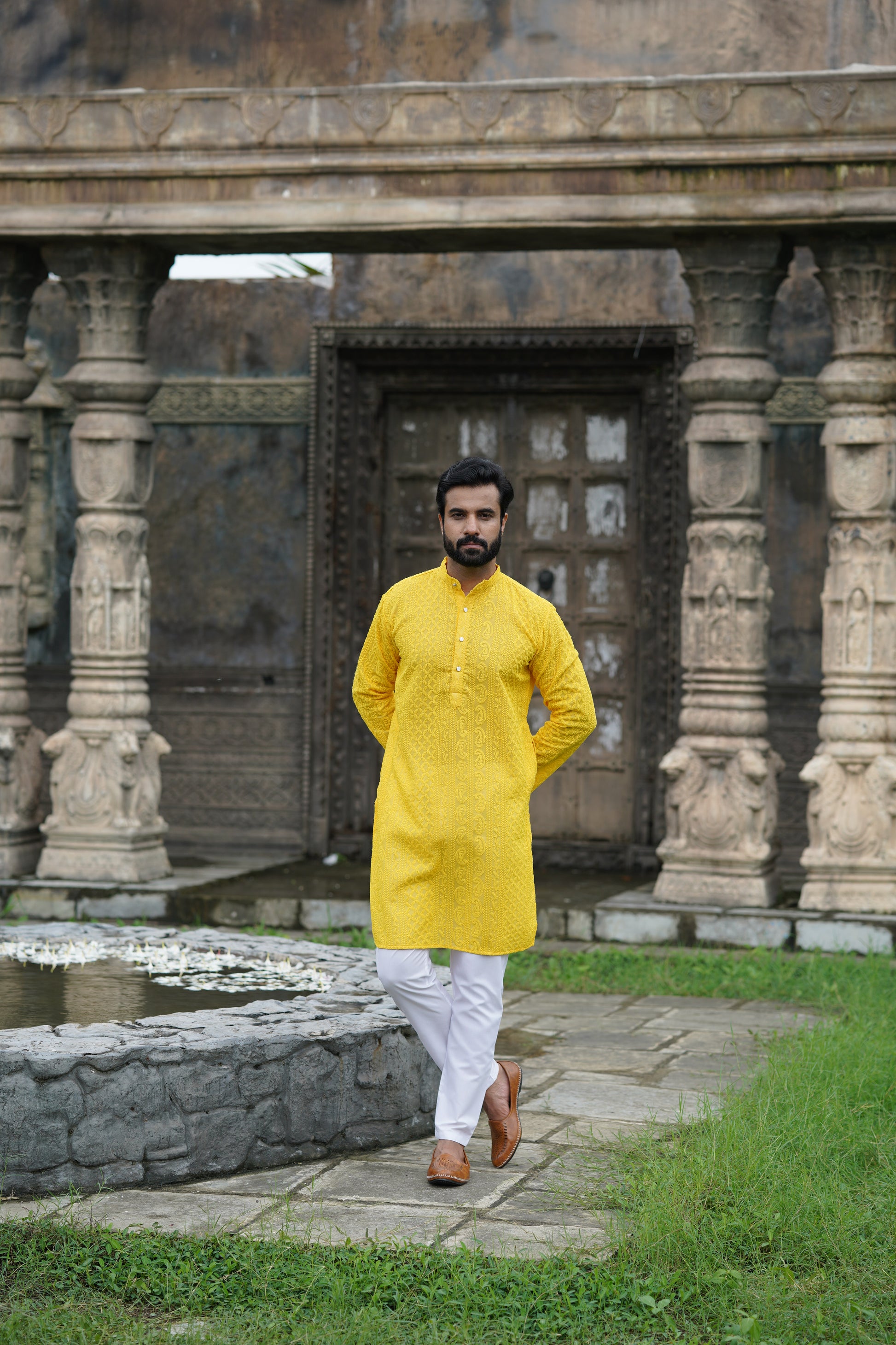 Yellow Georgette Chikankari Kurta for Men