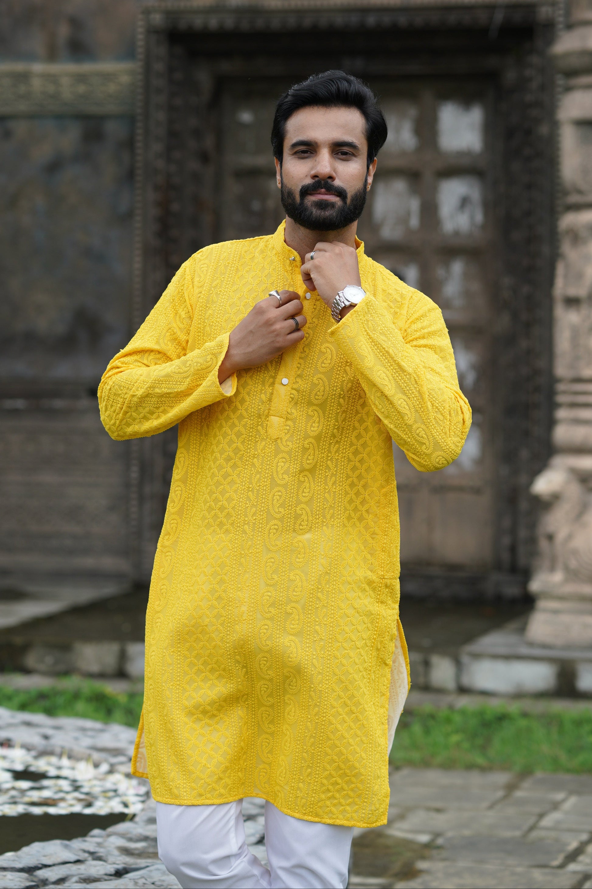 Yellow Georgette Chikankari Kurta for Men