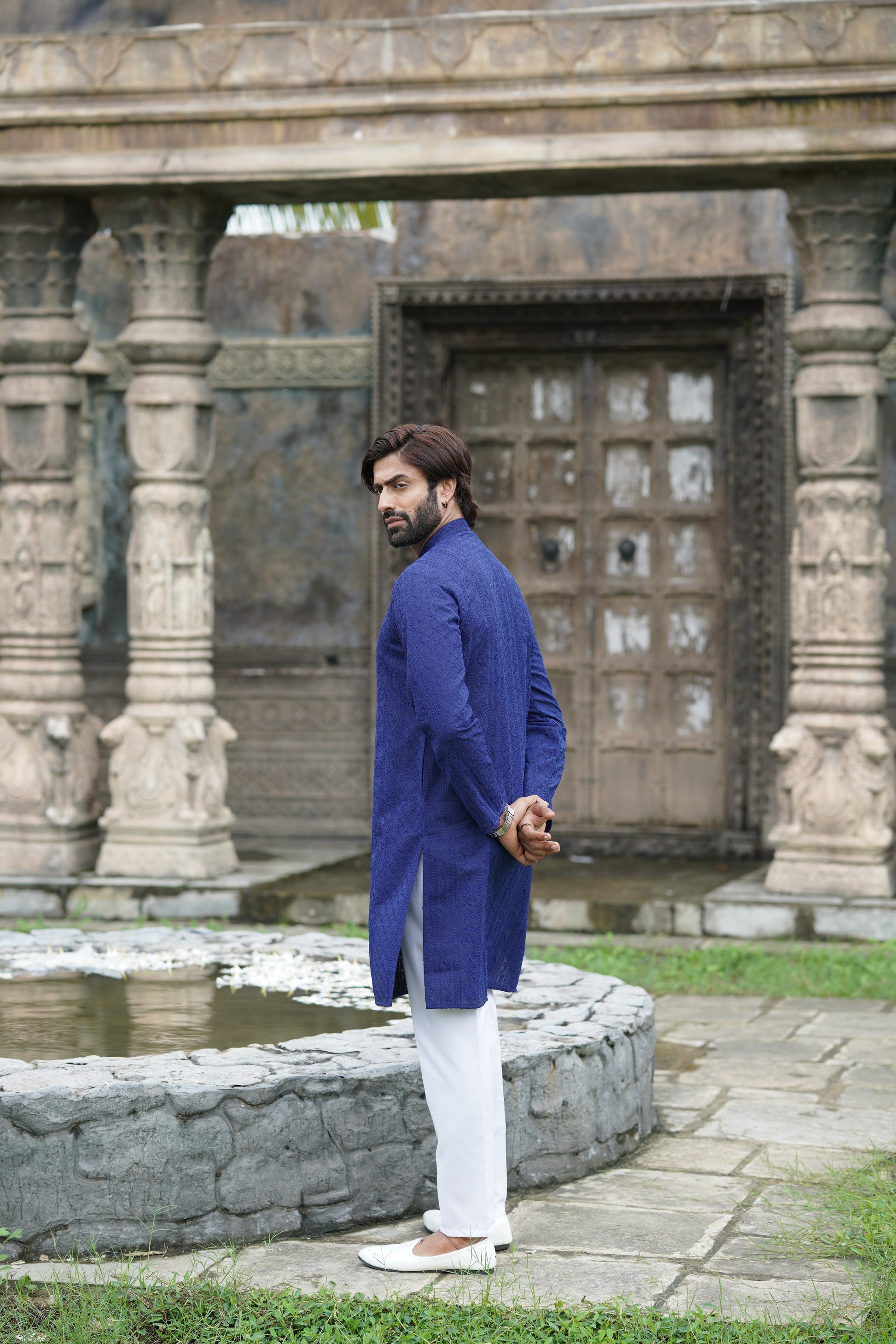 Sapphire Blue Georgette Chikankari Kurta for Men