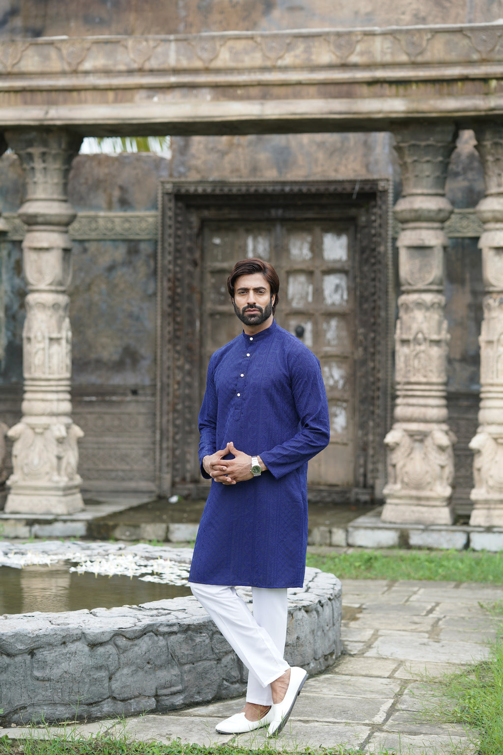 Sapphire Blue Georgette Chikankari Kurta for Men