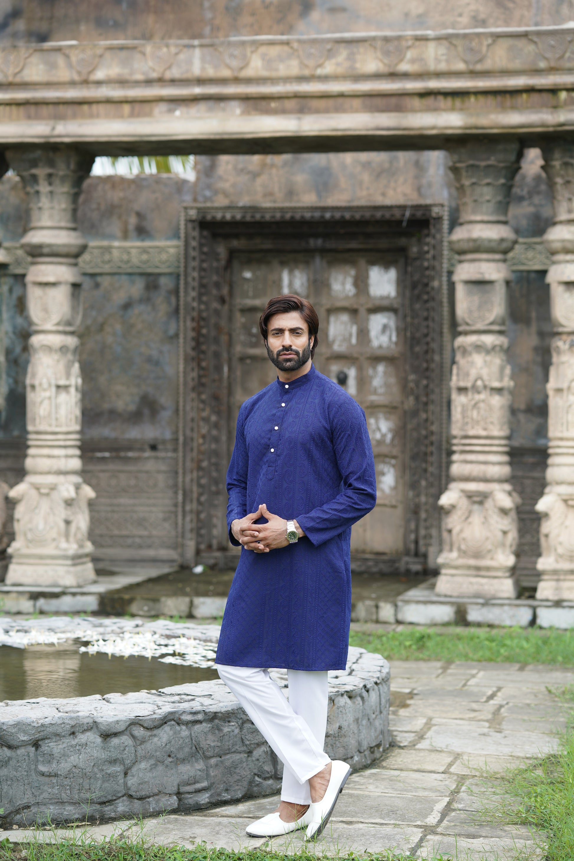 Sapphire Blue Georgette Chikankari Kurta for Men