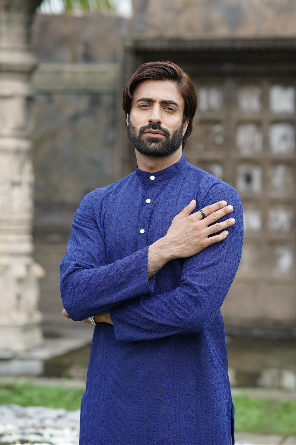 Sapphire Blue Georgette Chikankari Kurta for Men