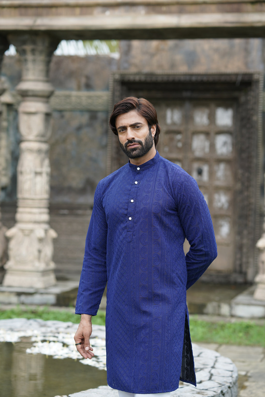 Sapphire Blue Georgette Chikankari Kurta for Men