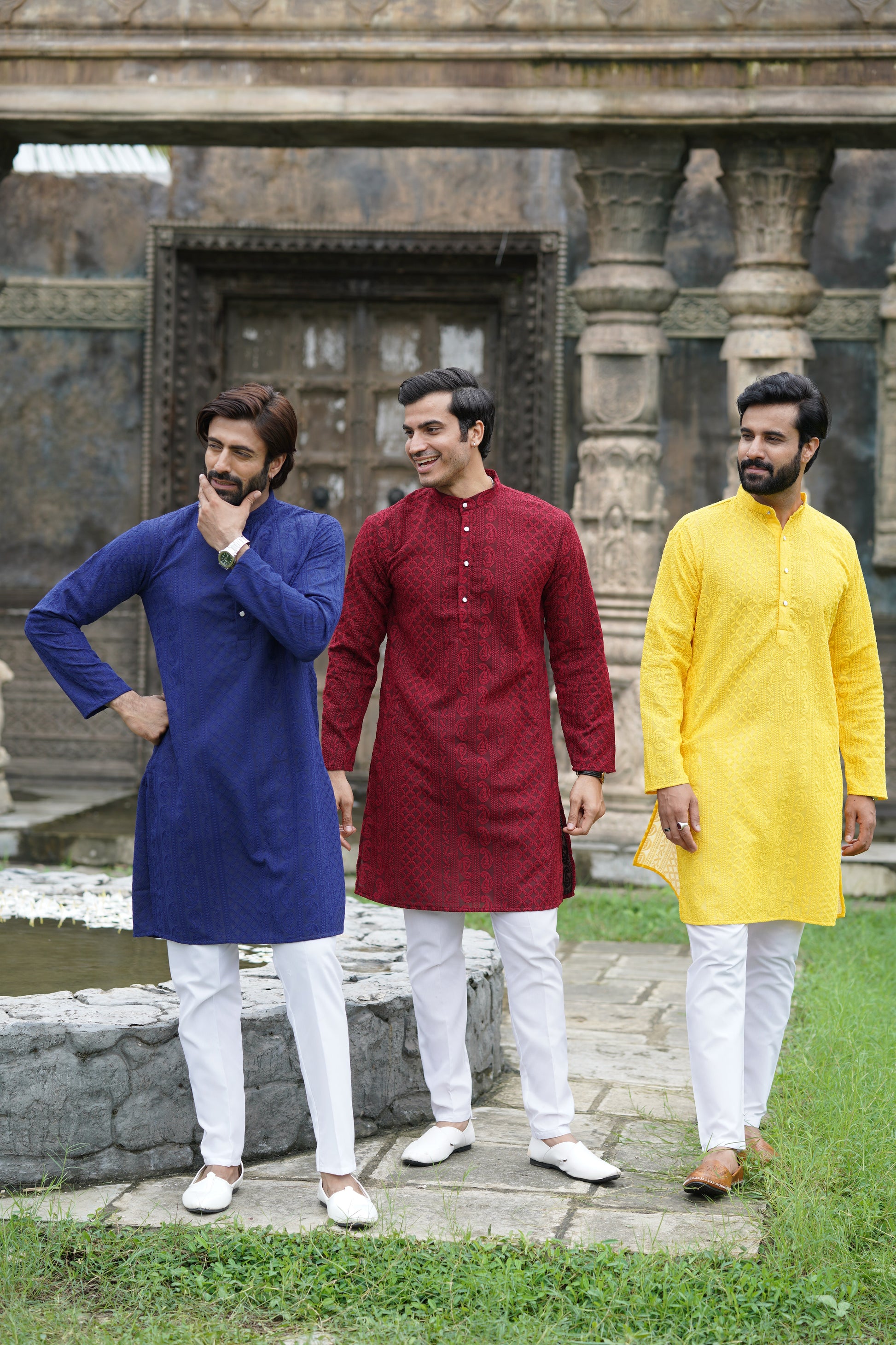 Yellow Georgette Chikankari Kurta for Men