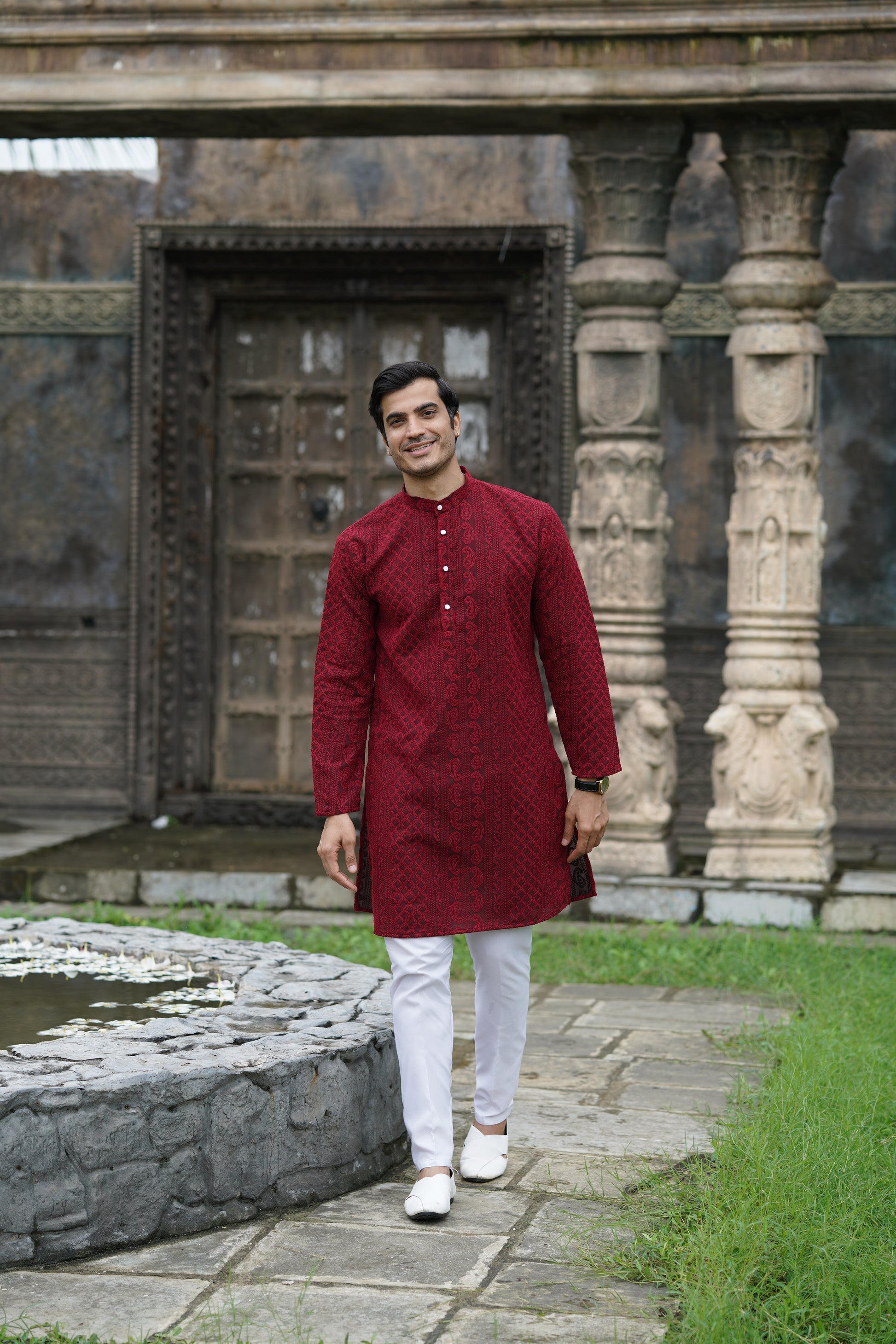 Maroon Georgette Chikankari Kurta for Men with Fine Detailing