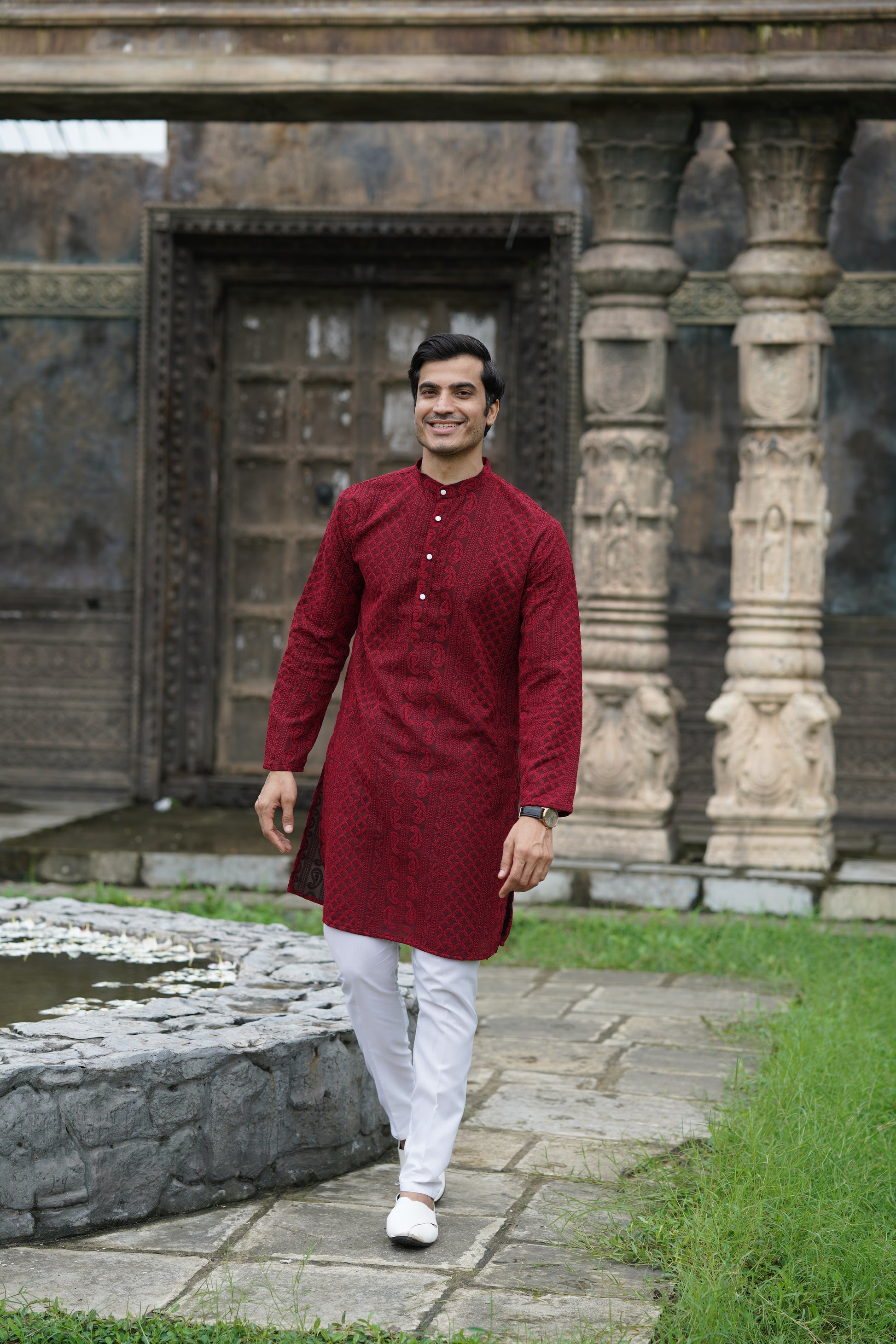 Maroon Georgette Chikankari Kurta for Men with Fine Detailing