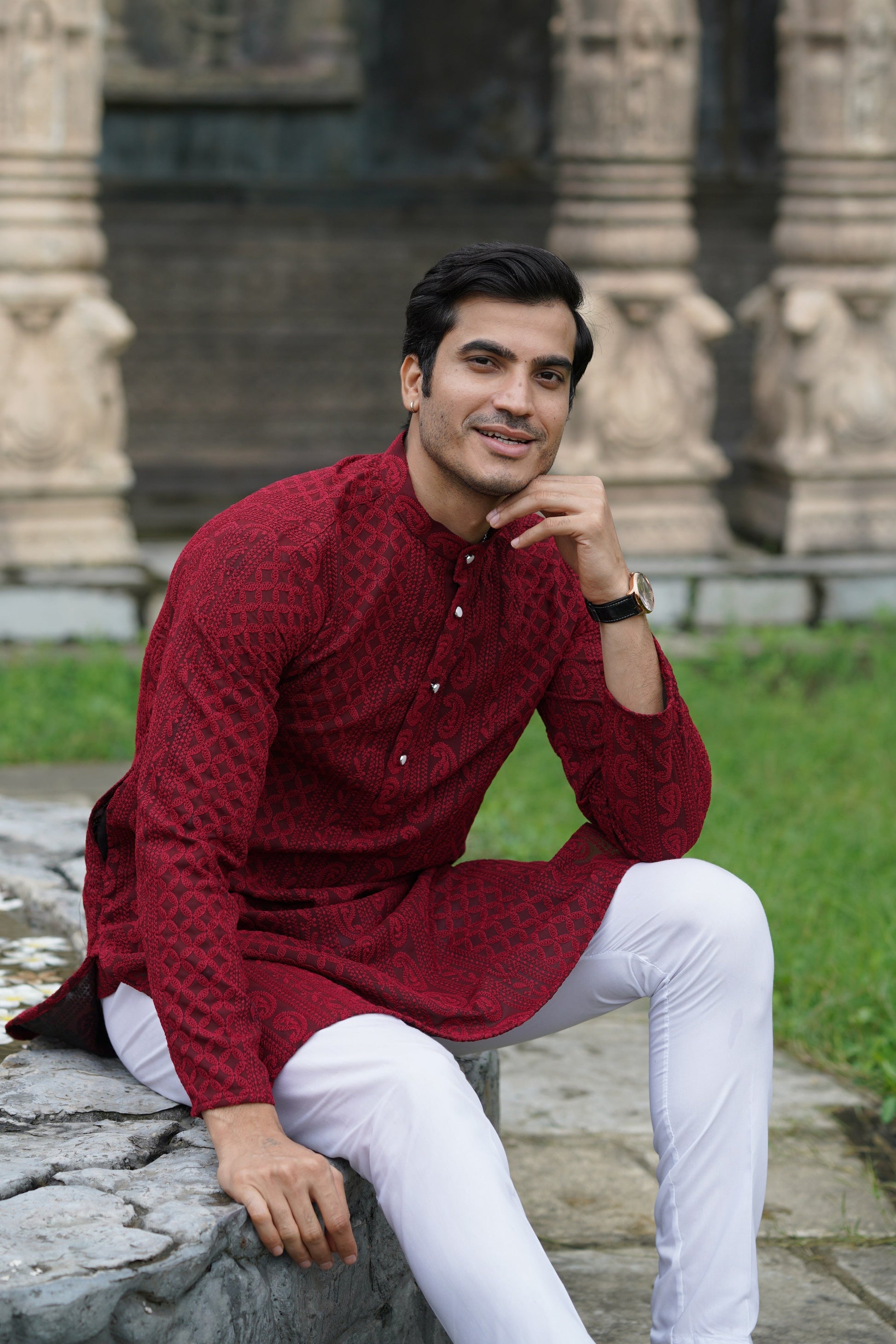 Maroon Georgette Chikankari Kurta for Men with Fine Detailing