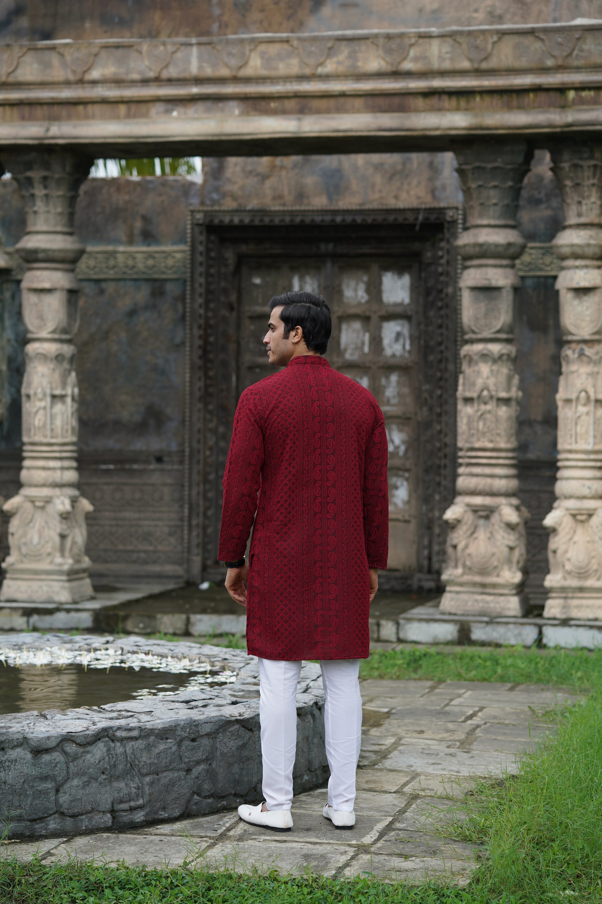 Maroon Georgette Chikankari Kurta for Men with Fine Detailing
