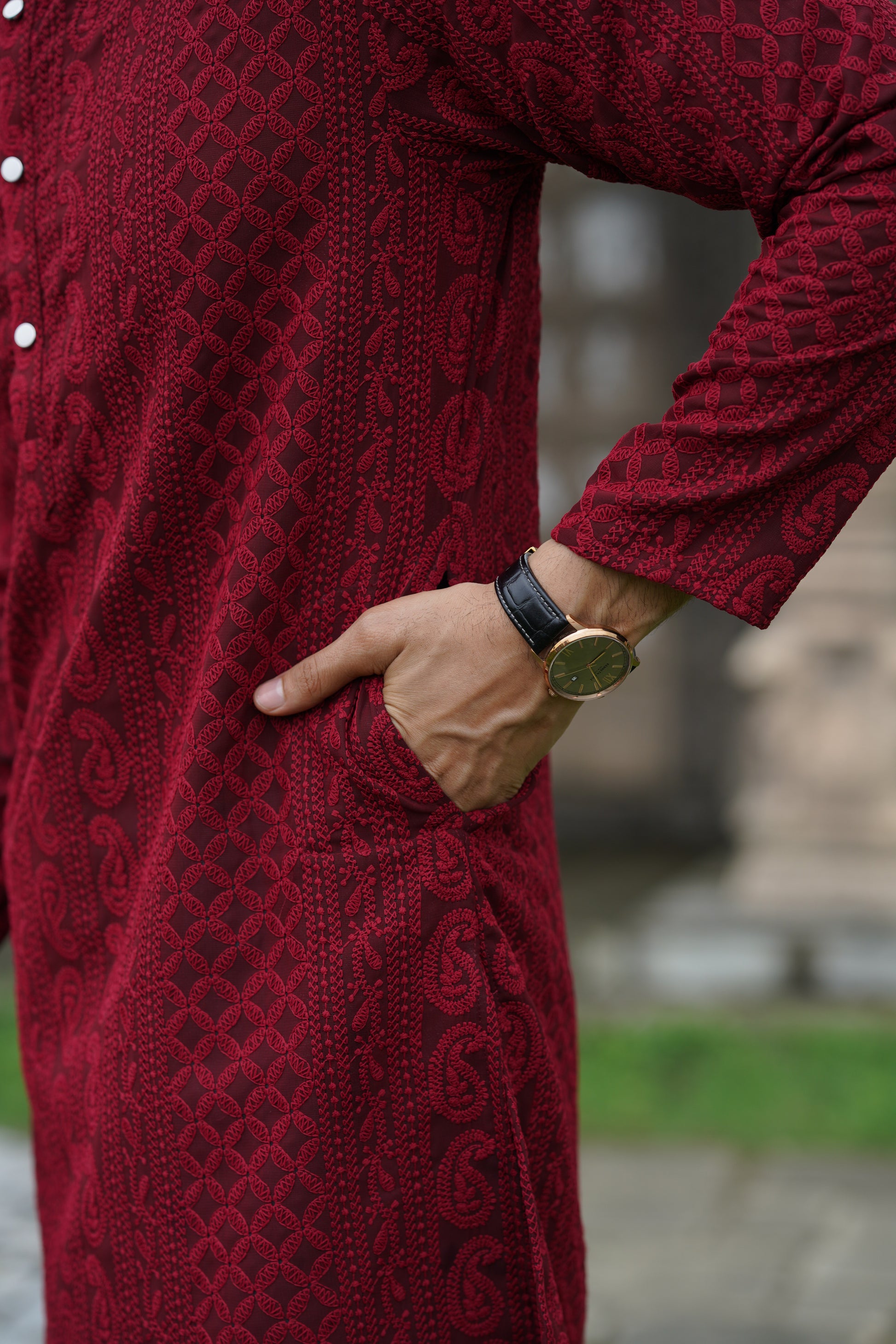 Maroon Georgette Chikankari Kurta for Men with Fine Detailing
