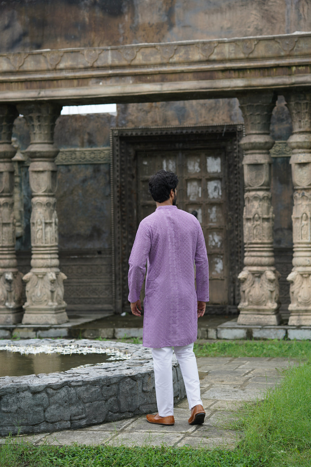 Lavender Premium Georgette Chikankari Kurta for Men with Fine Detailing