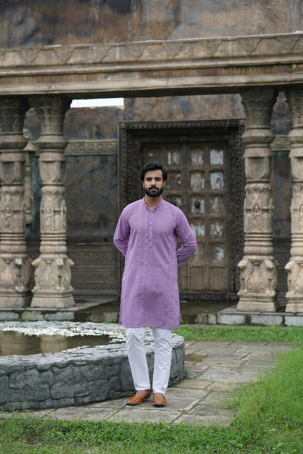 Lavender Premium Georgette Chikankari Kurta for Men with Fine Detailing