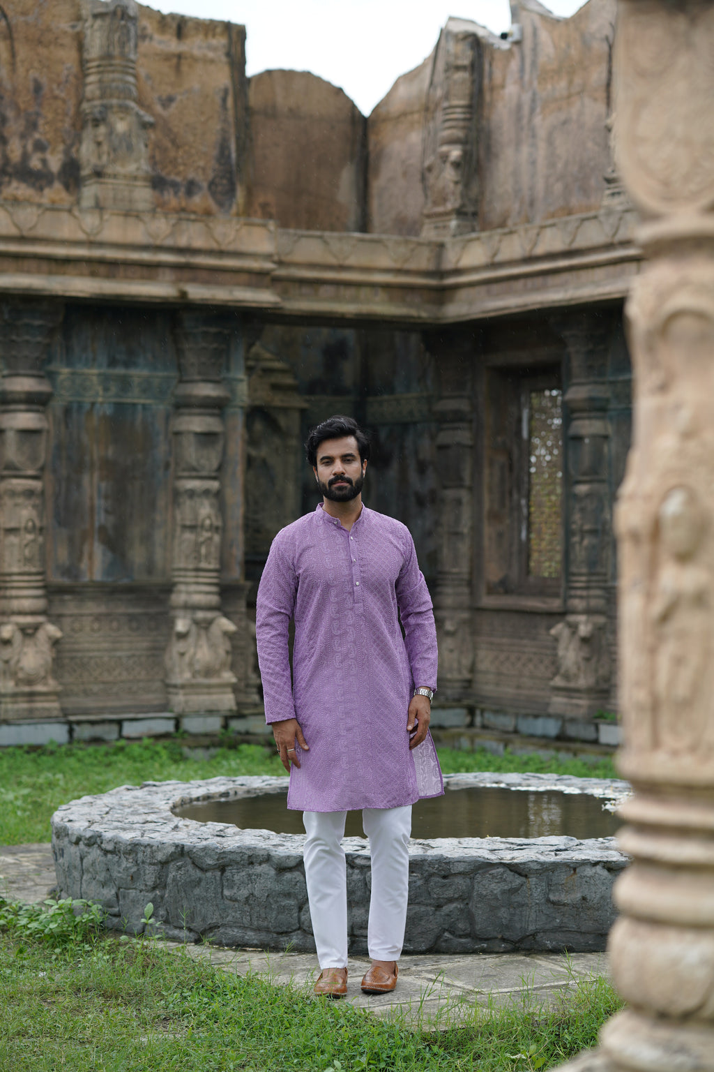 Lavender Premium Georgette Chikankari Kurta for Men with Fine Detailing