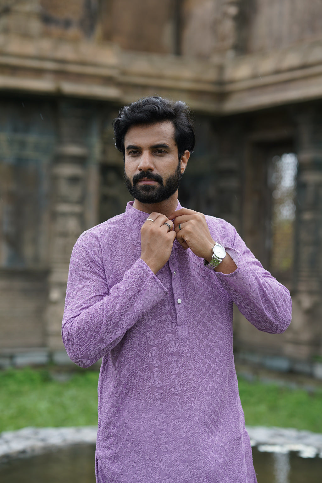 Lavender Premium Georgette Chikankari Kurta for Men with Fine Detailing