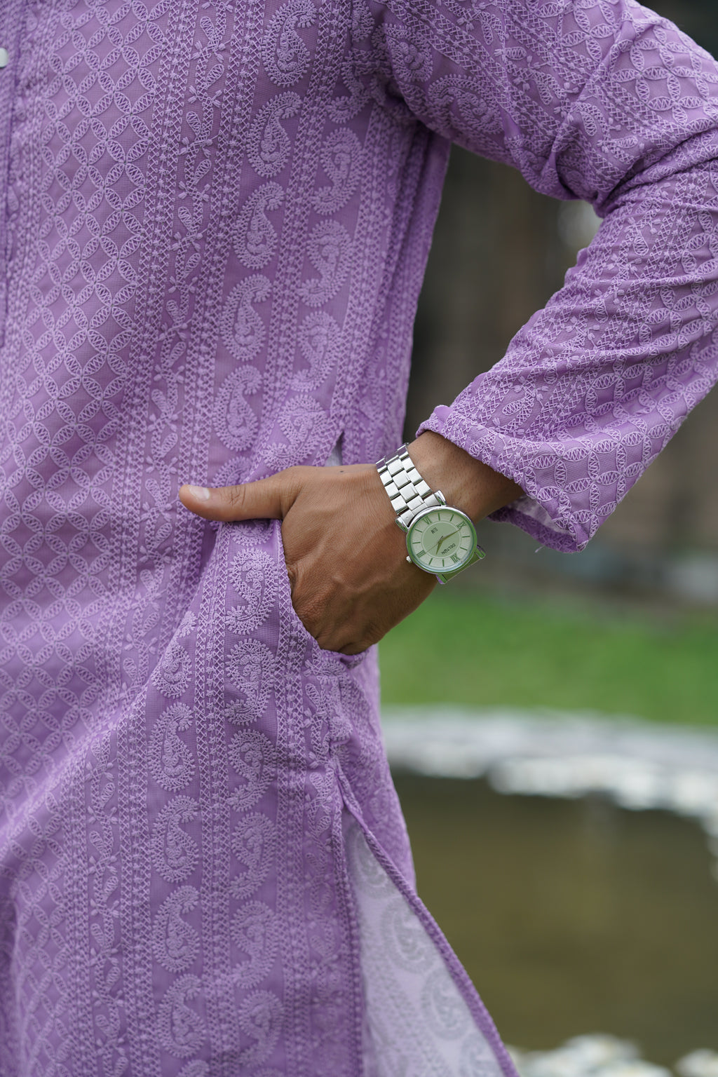 Lavender Premium Georgette Chikankari Kurta for Men with Fine Detailing