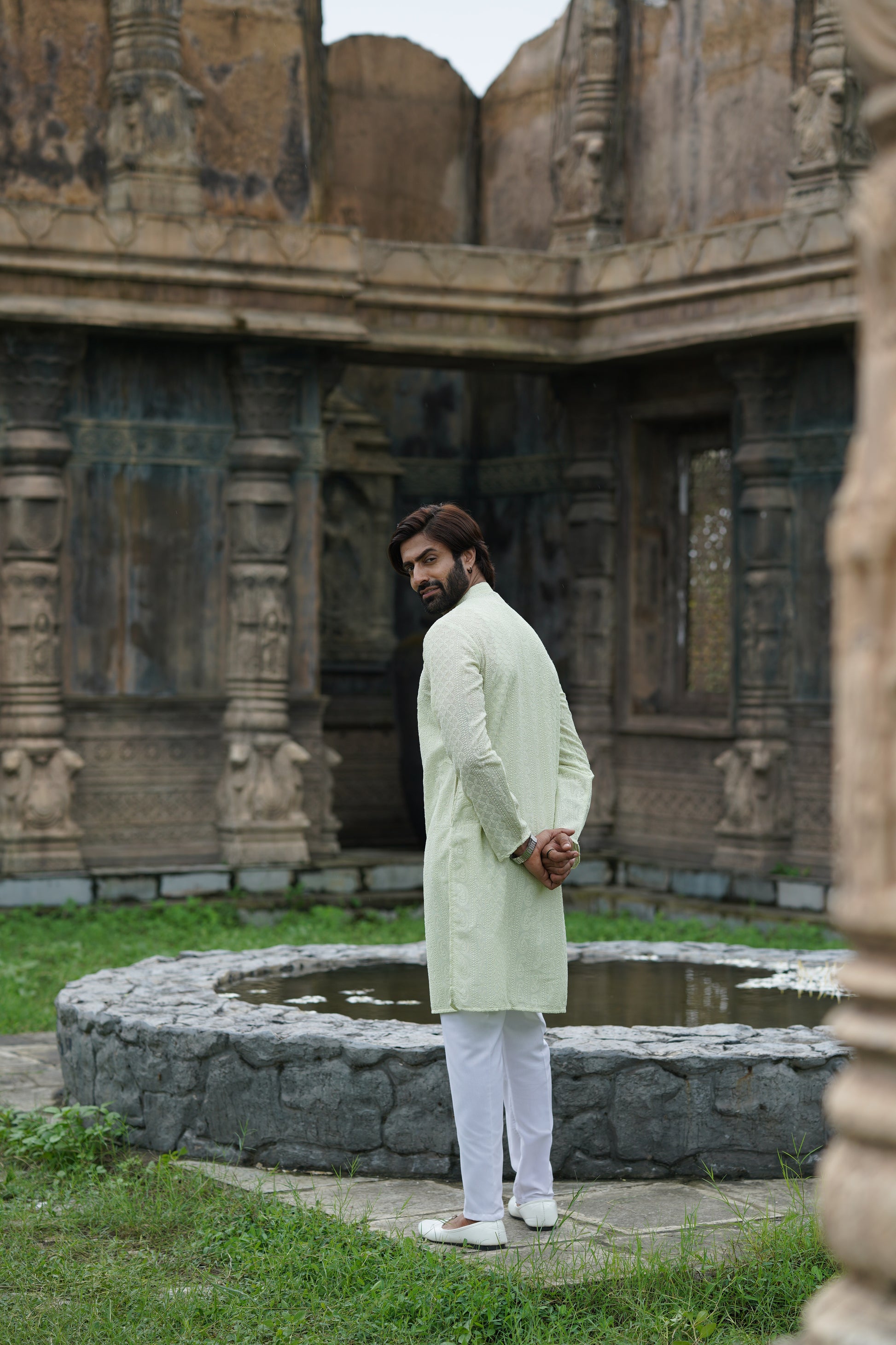 Pista Green Georgette Chikankari Kurta for Men with Fine Detailing
