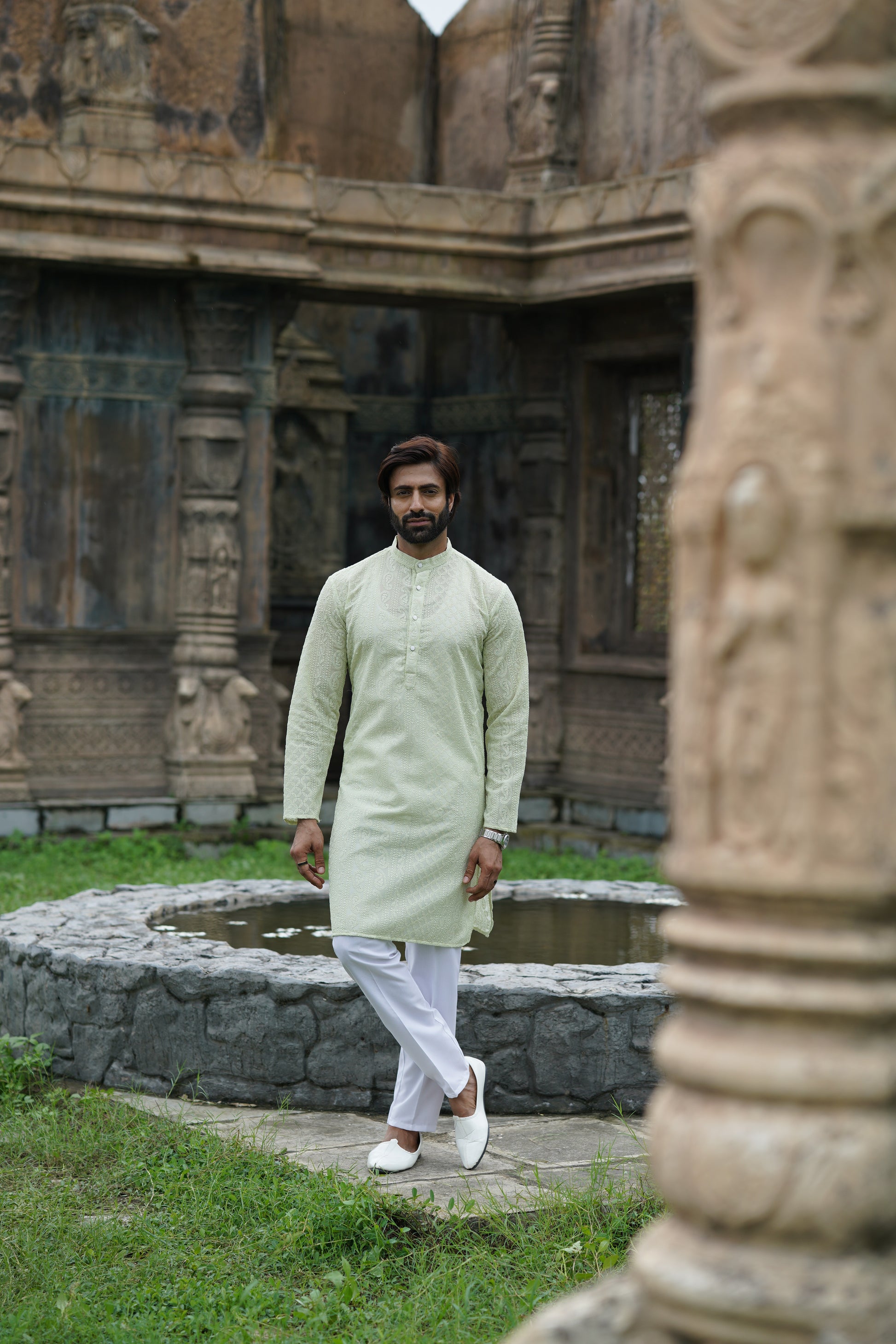 Pista Green Georgette Chikankari Kurta for Men with Fine Detailing
