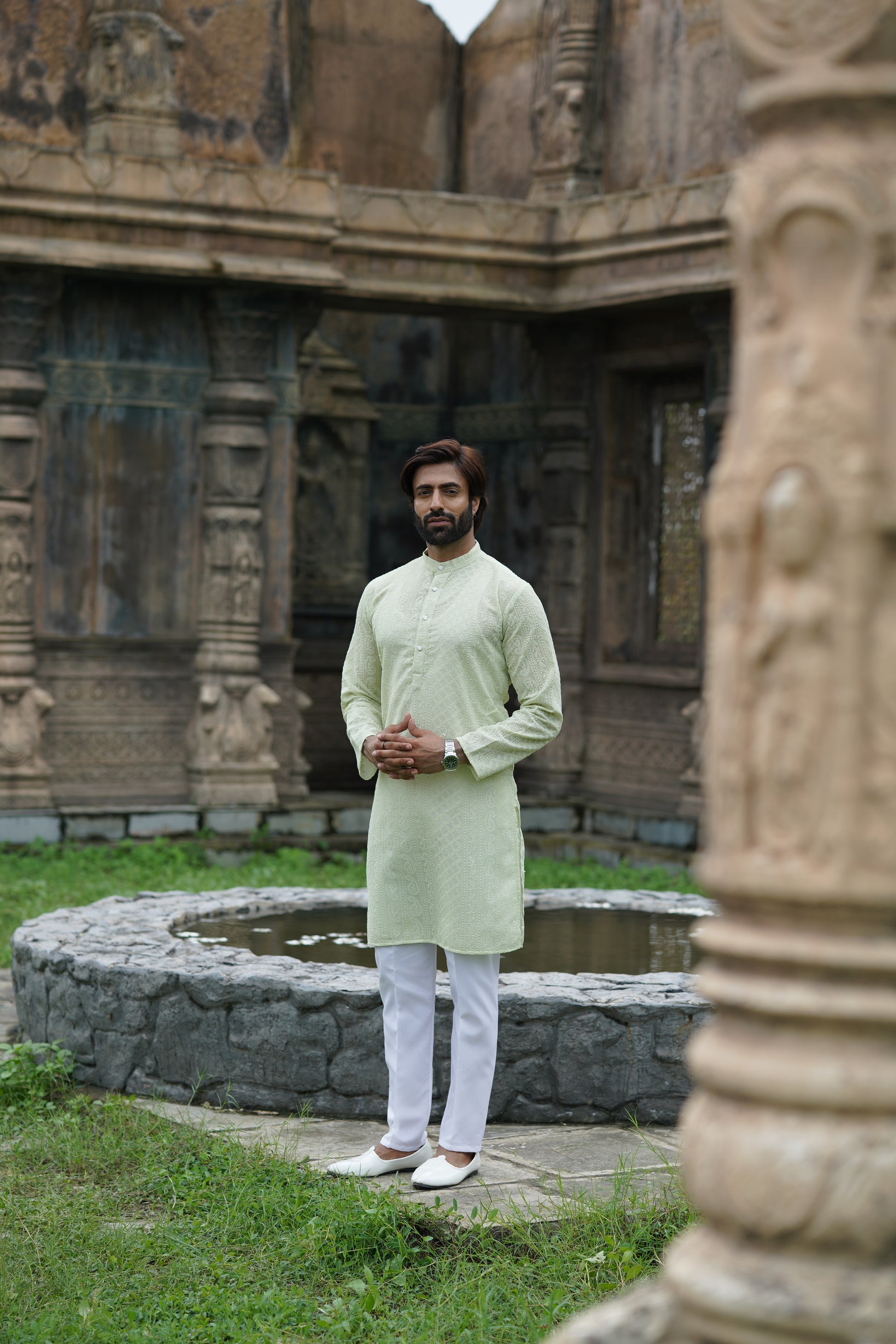 Pista Green Georgette Chikankari Kurta for Men with Fine Detailing