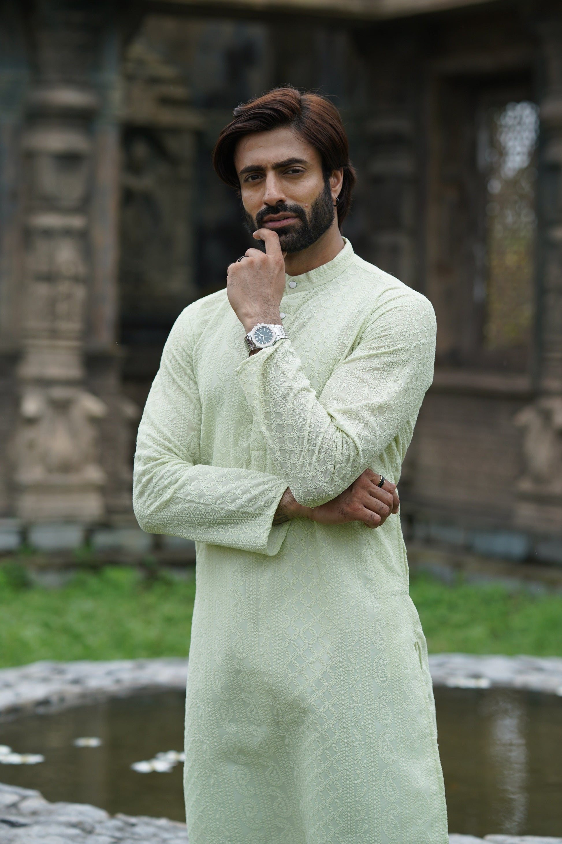 Pista Green Georgette Chikankari Kurta for Men with Fine Detailing