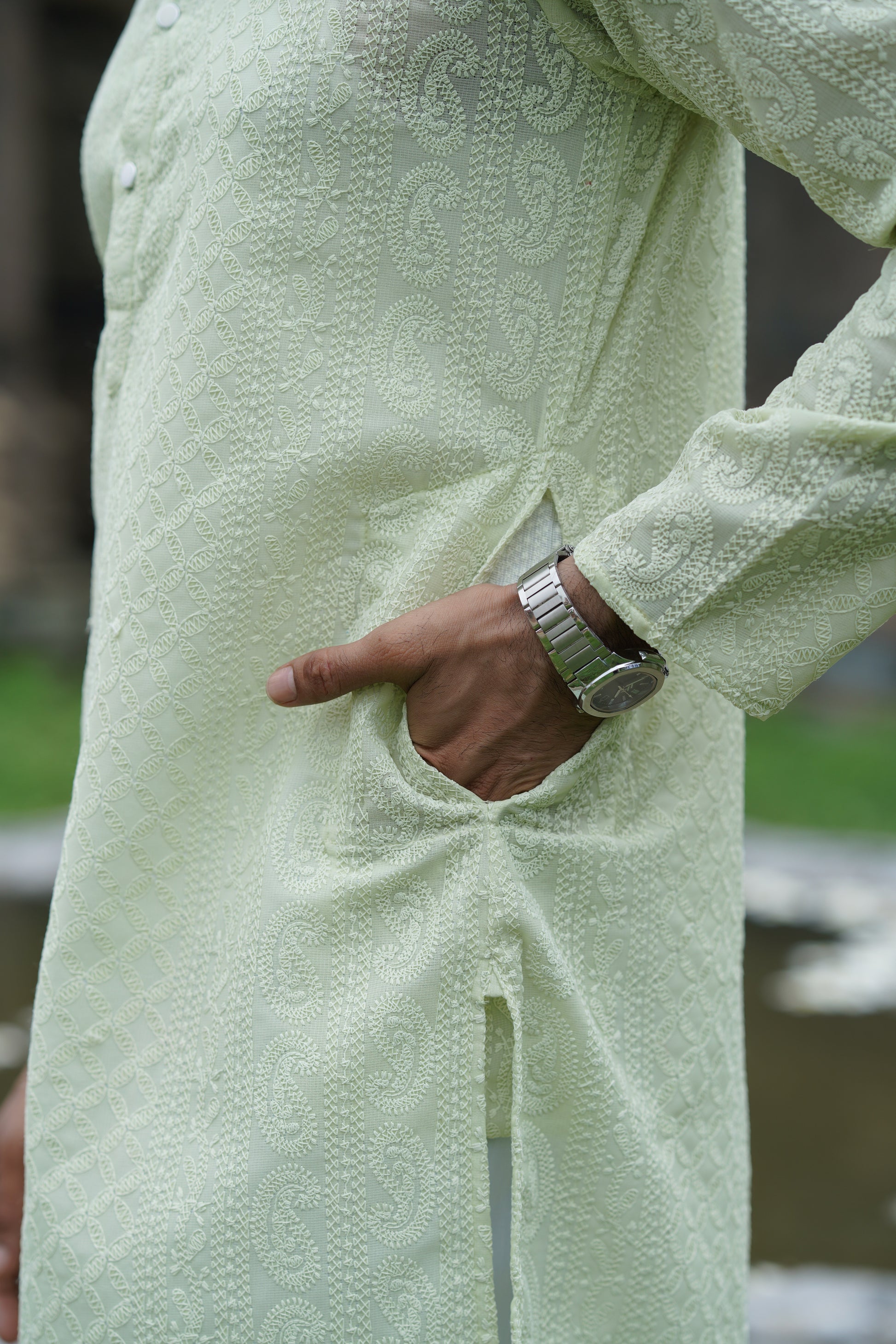 Pista Green Georgette Chikankari Kurta for Men with Fine Detailing