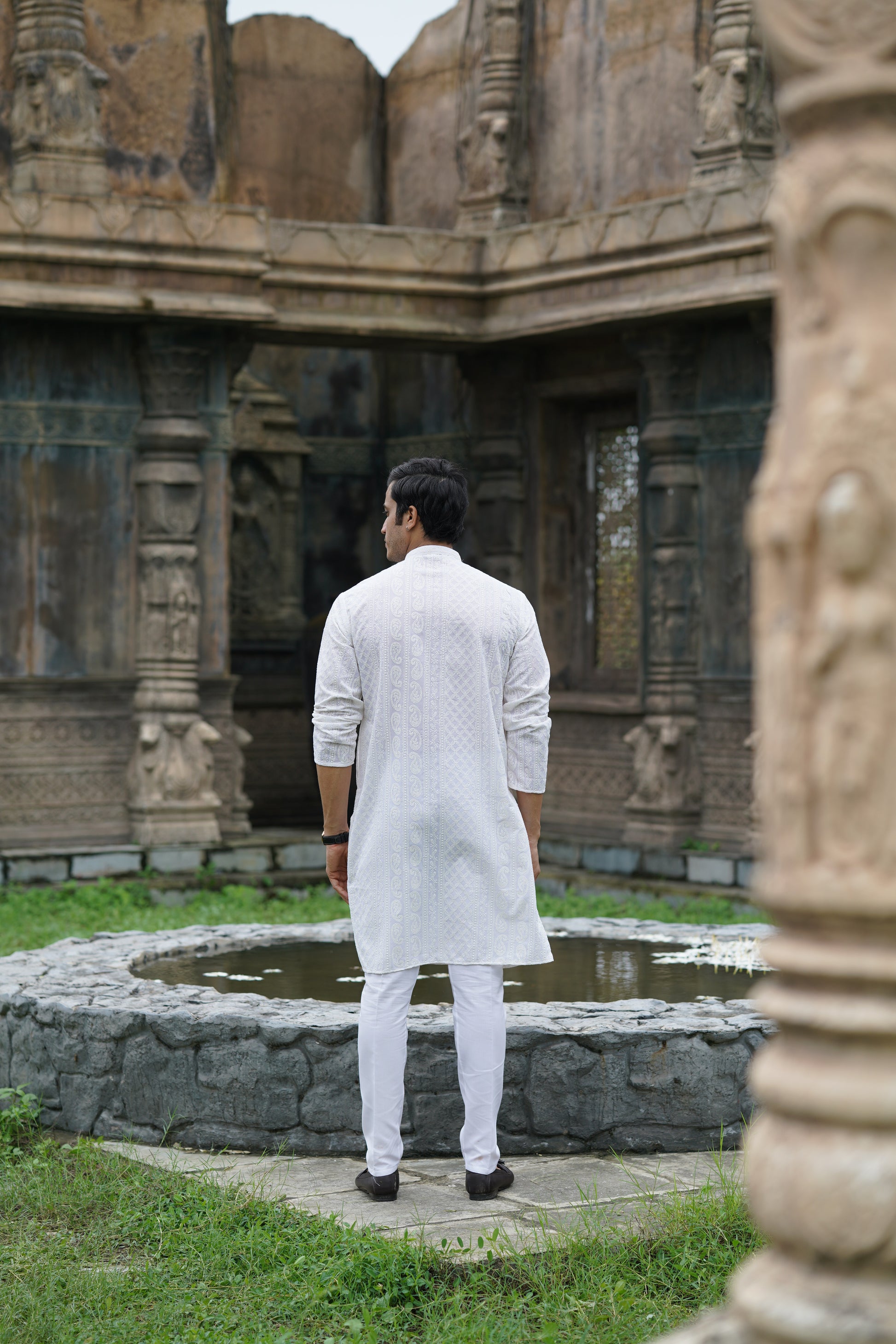 White Georgette Chikankari Kurta for Men with Fine Detailing
