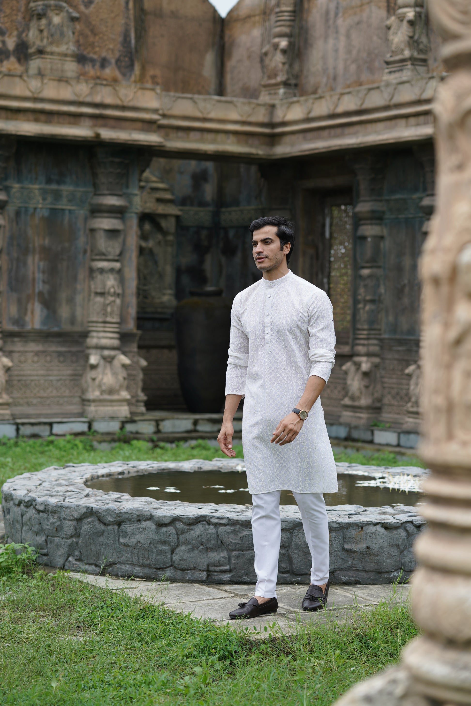 White Georgette Chikankari Kurta for Men with Fine Detailing