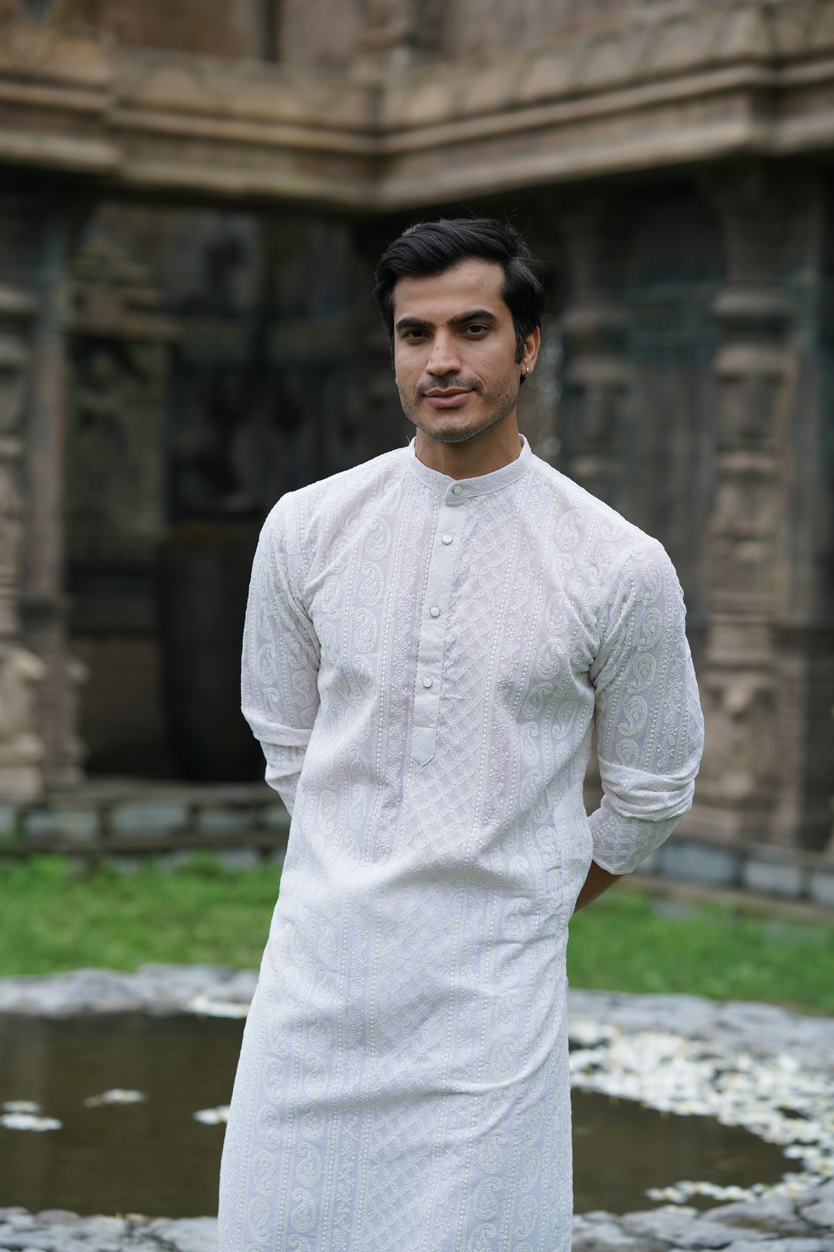 White Georgette Chikankari Kurta for Men with Fine Detailing