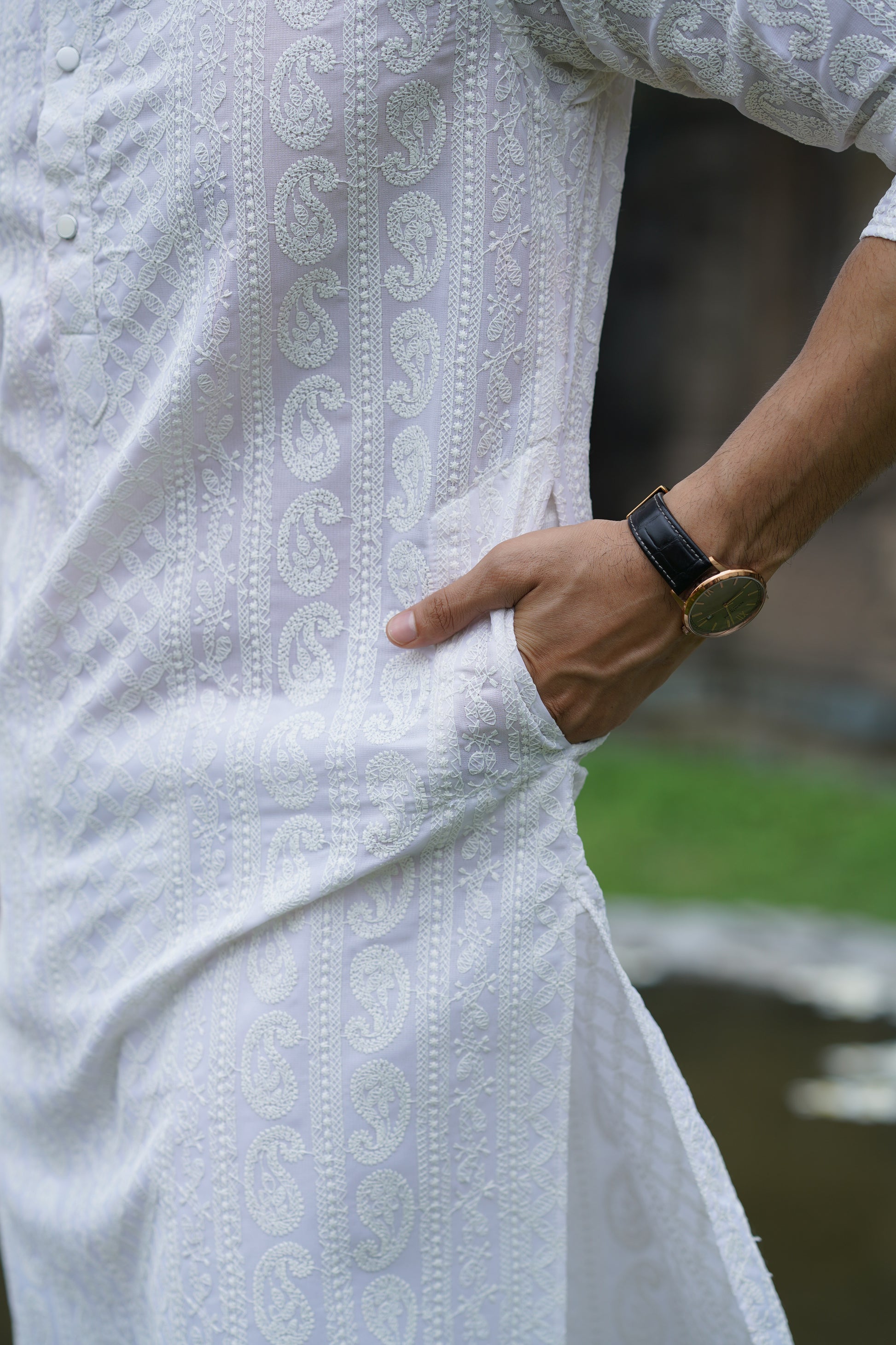 White Georgette Chikankari Kurta for Men with Fine Detailing