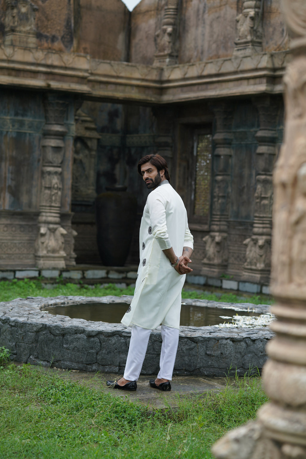 Black on White Floral Embroidered Kurta Set for Men