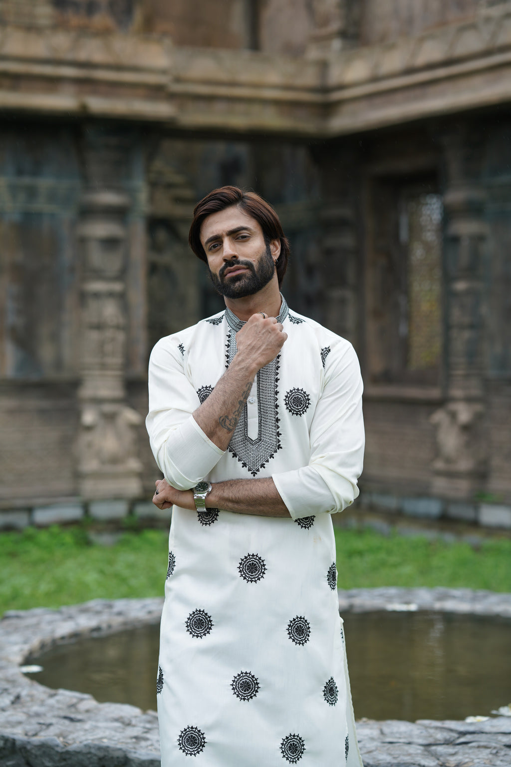 Black on White Floral Embroidered Kurta Set for Men