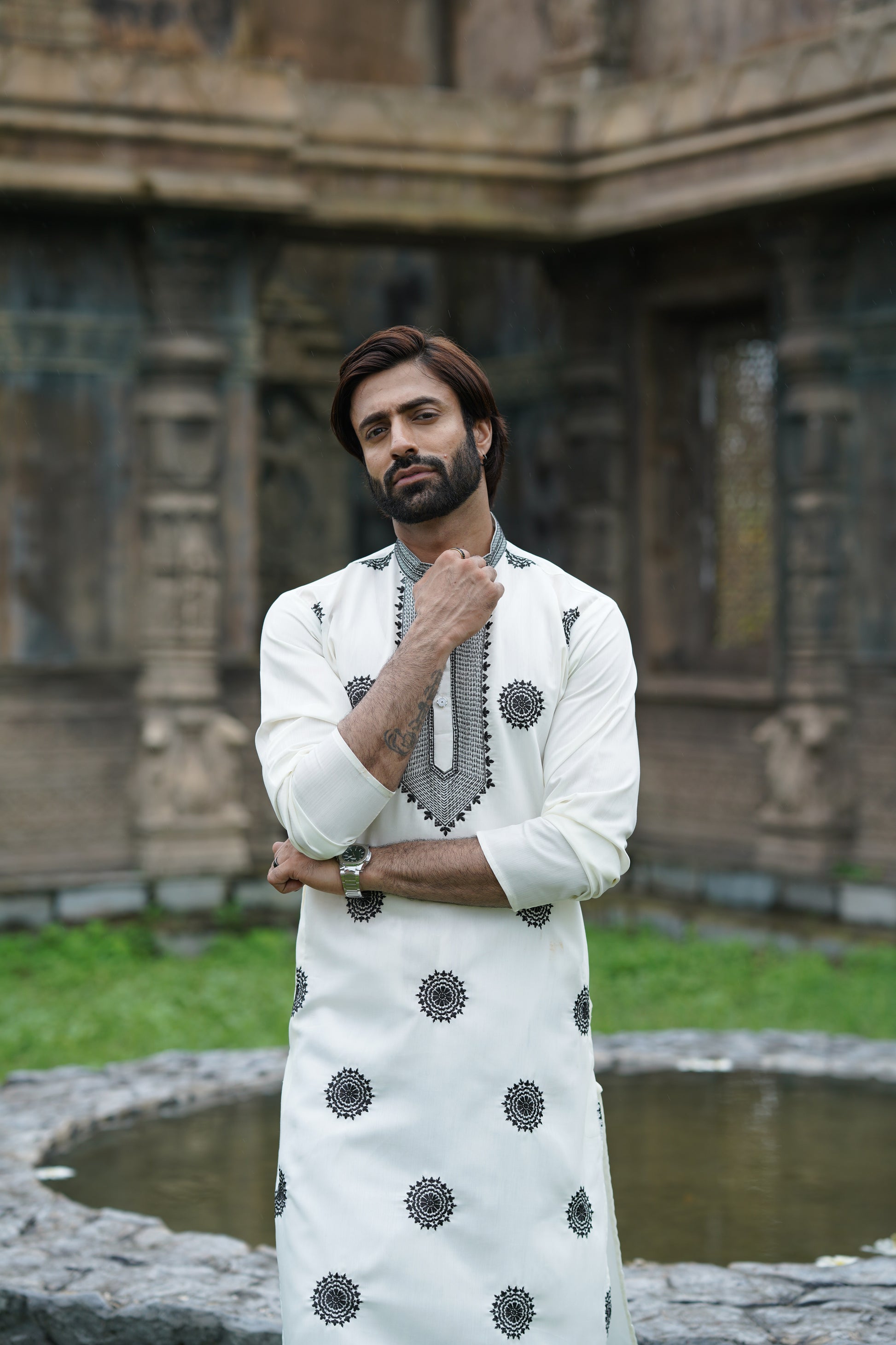 Black on White Floral Embroidered Kurta Set for Men