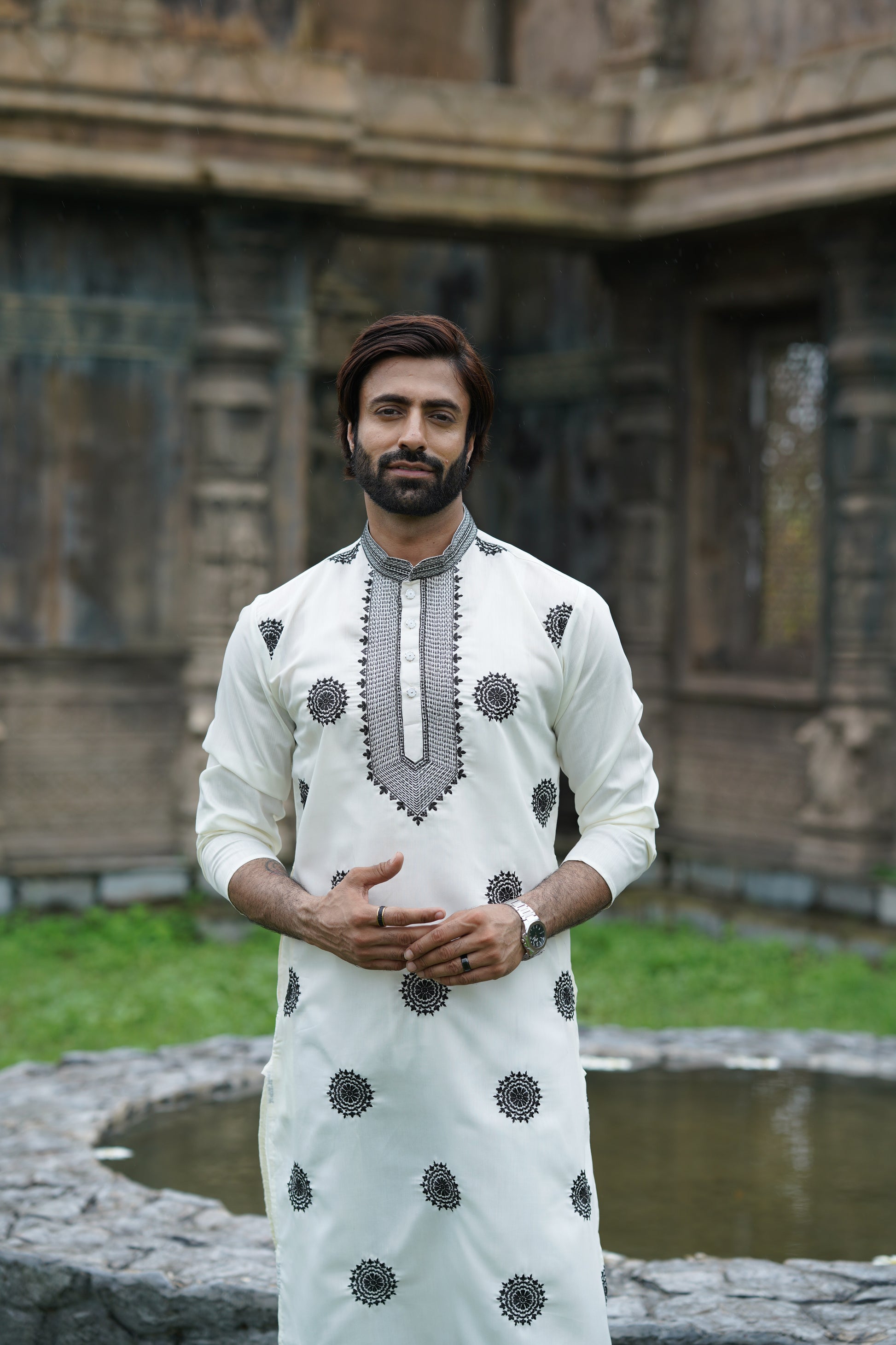 Black on White Floral Embroidered Kurta Set for Men