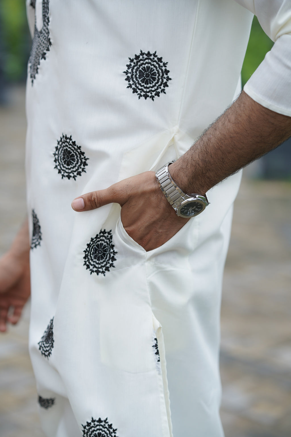 Black on White Floral Embroidered Kurta Set for Men