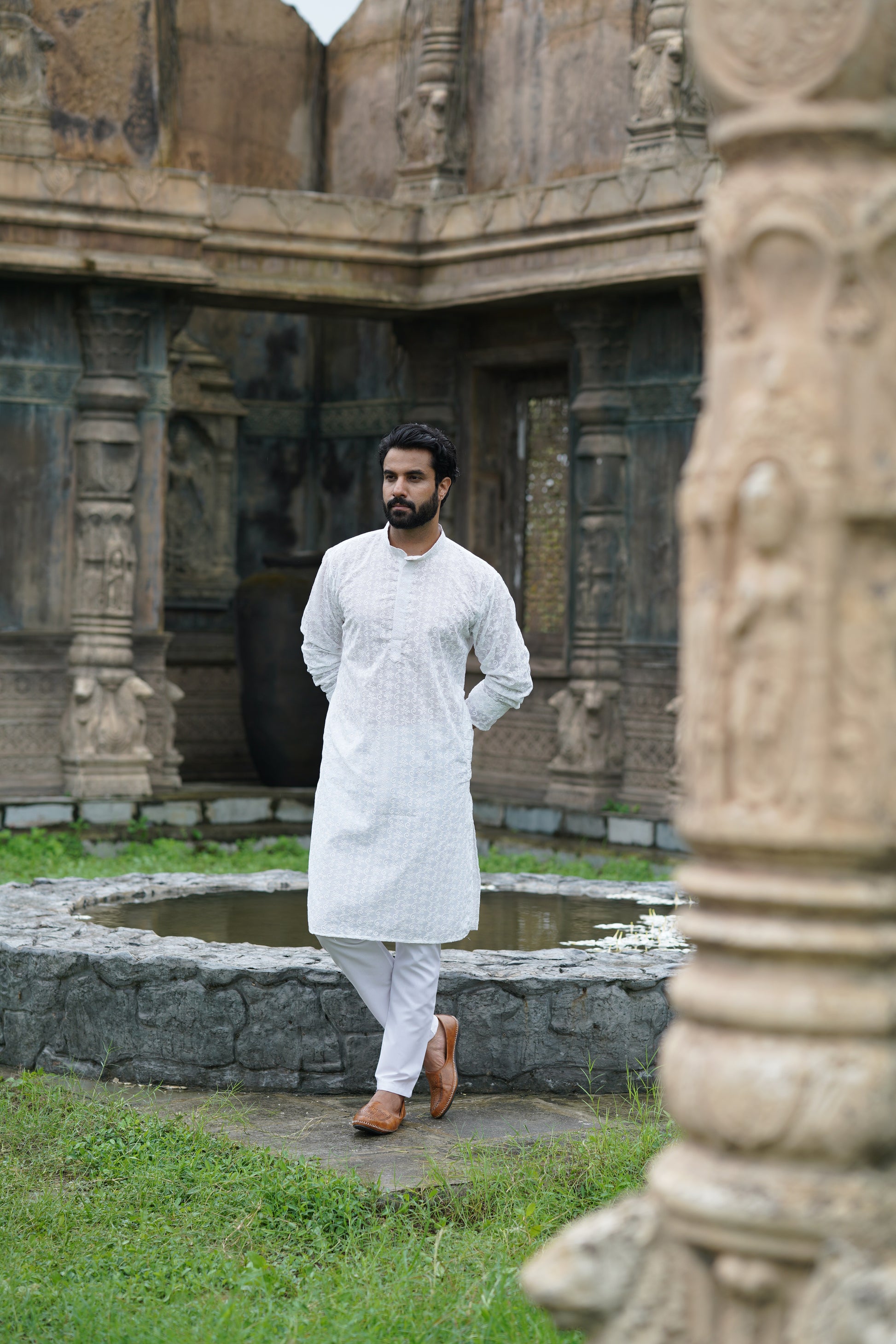 Classic White Chikankari Floral Embroidered Kurta Set