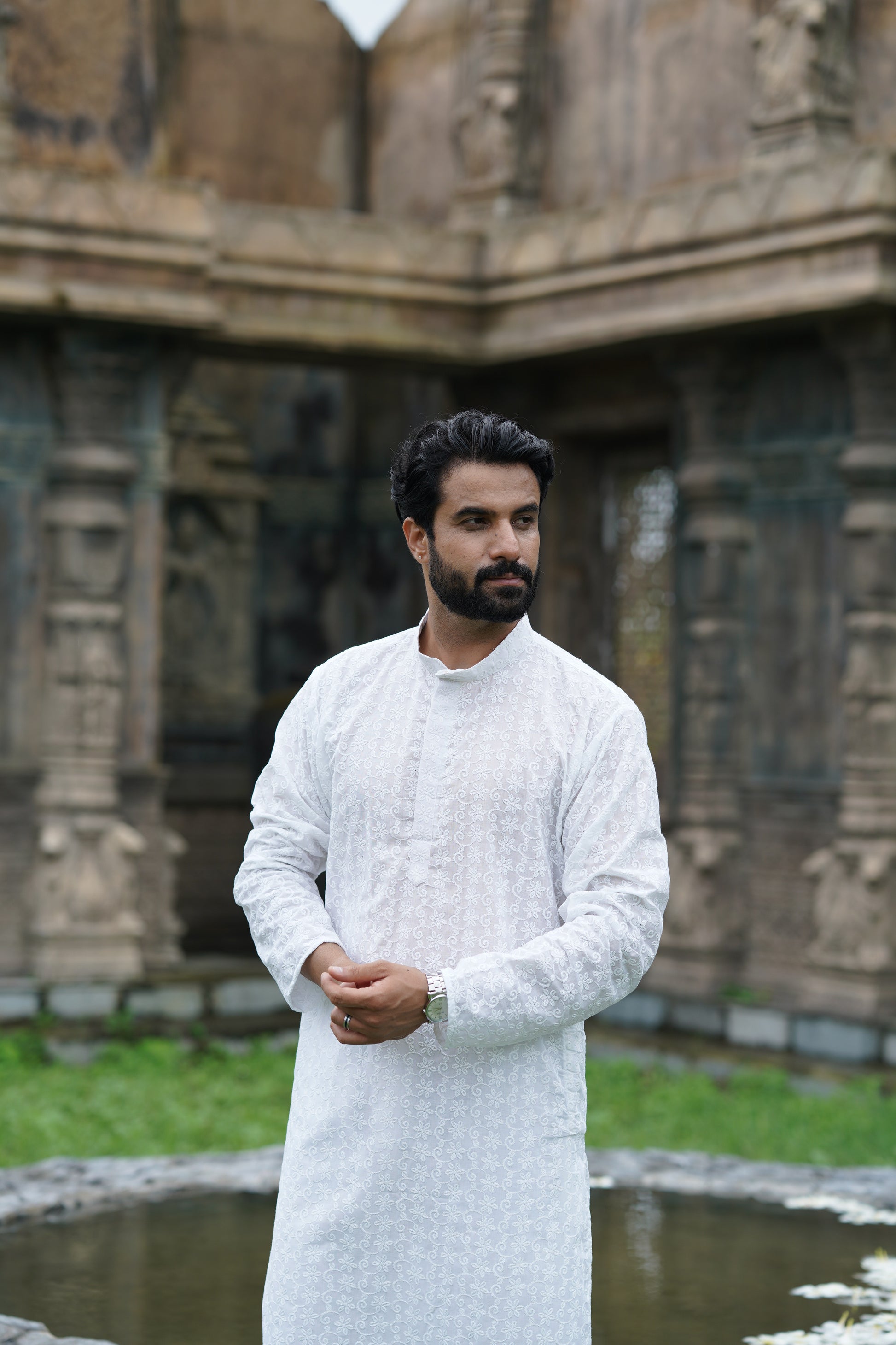Classic White Chikankari Floral Embroidered Kurta Set