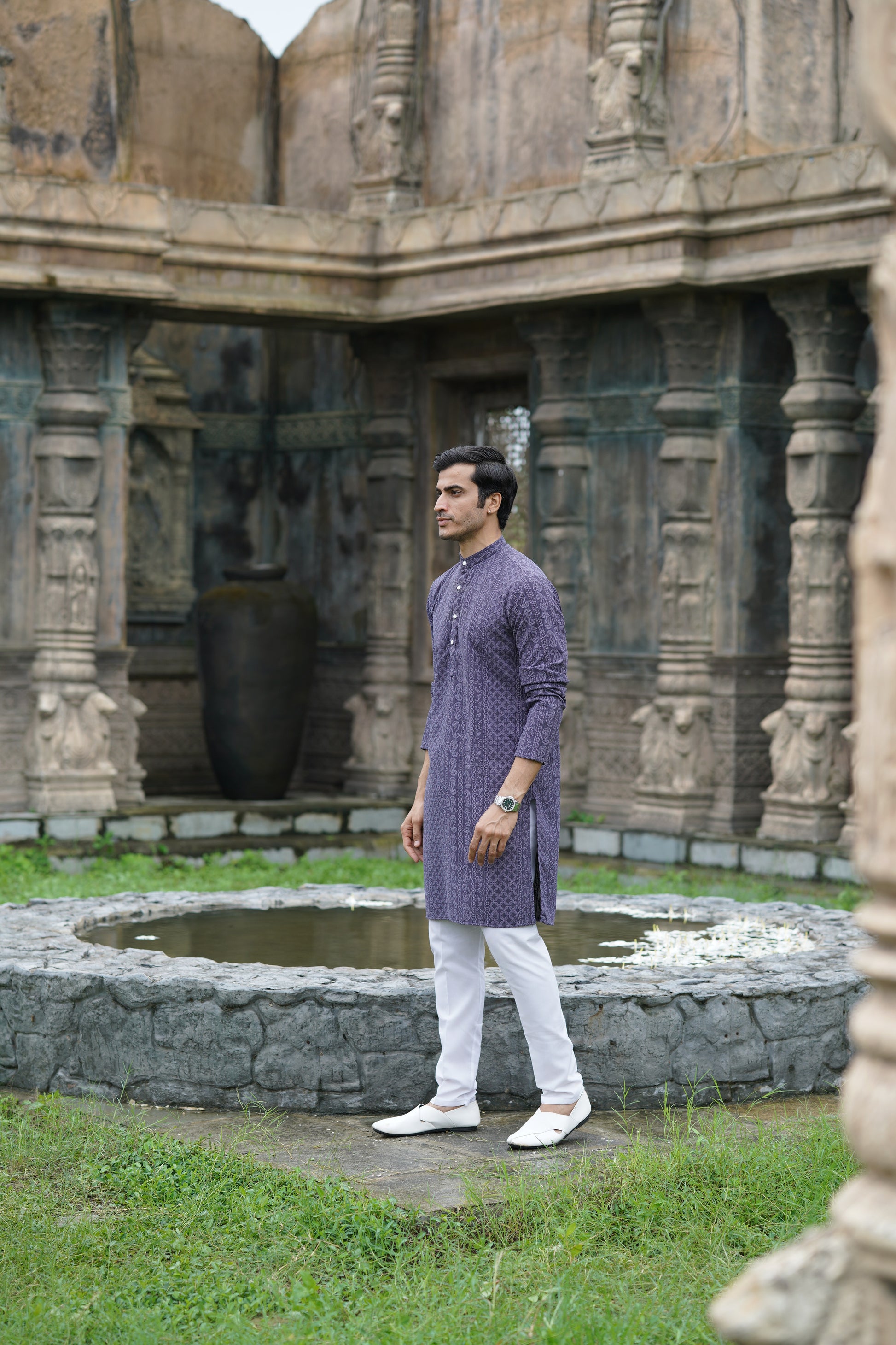 Grey Georgette Chikankari Kurta for Men with Fine Detailing