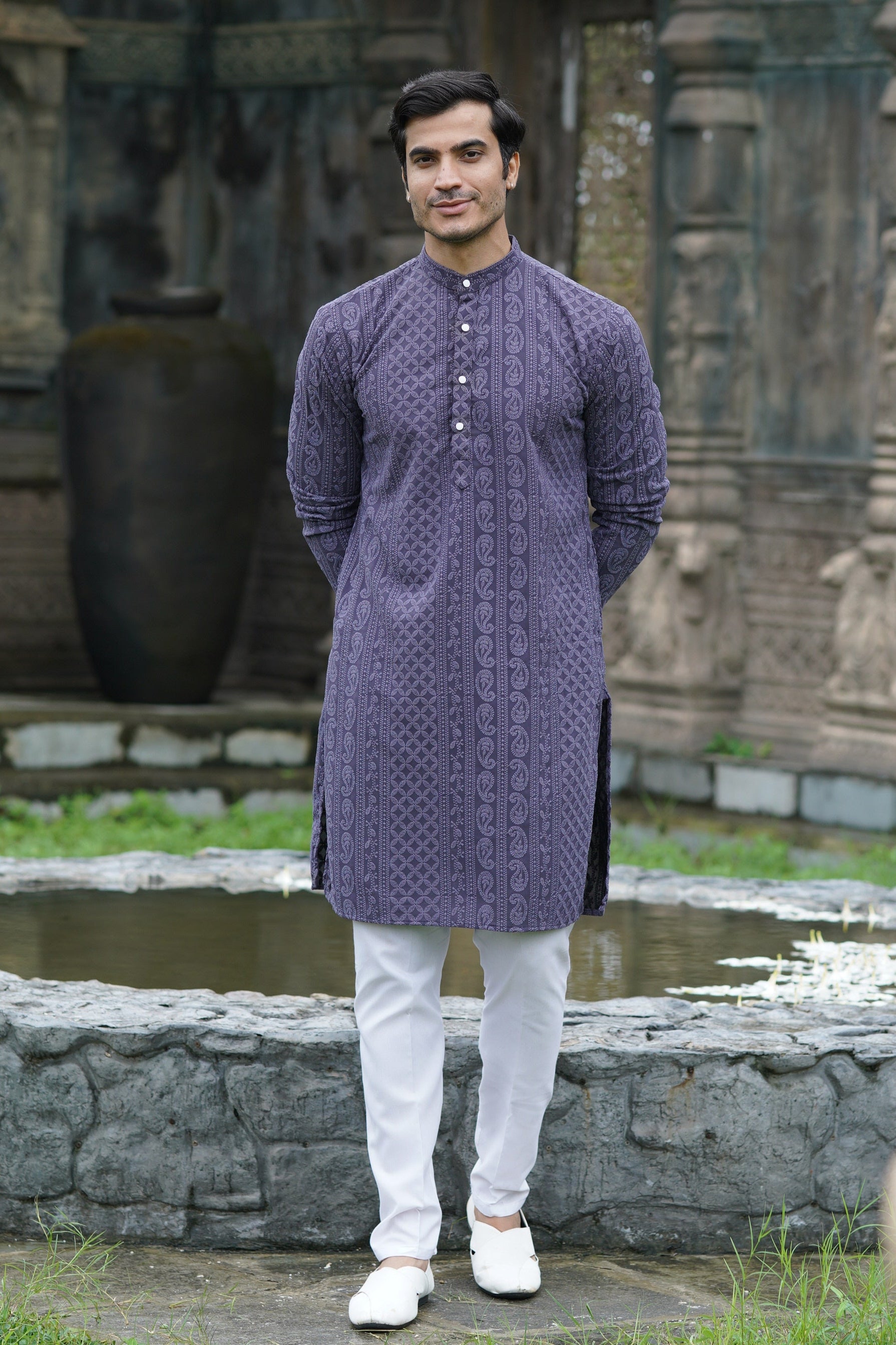 Grey Georgette Chikankari Kurta for Men with Fine Detailing