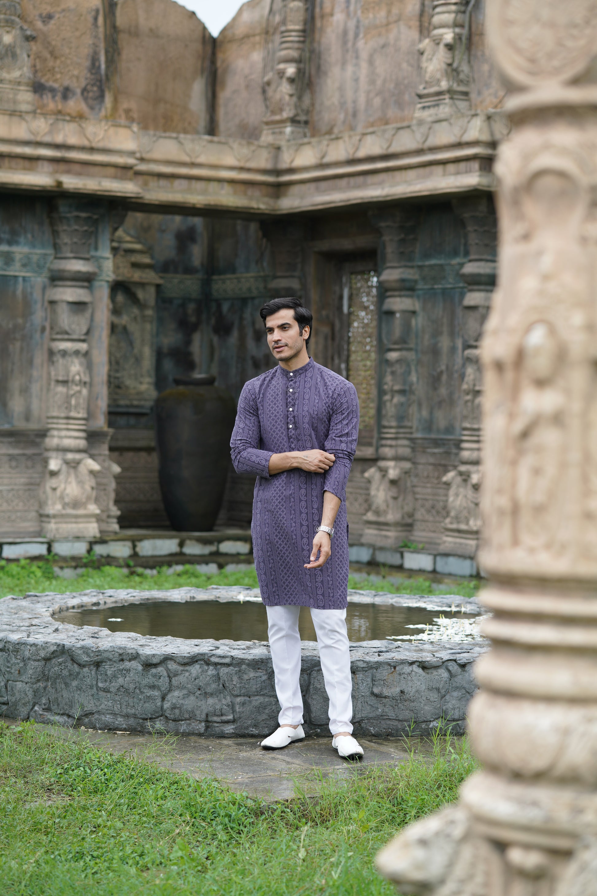 Grey Georgette Chikankari Kurta for Men with Fine Detailing