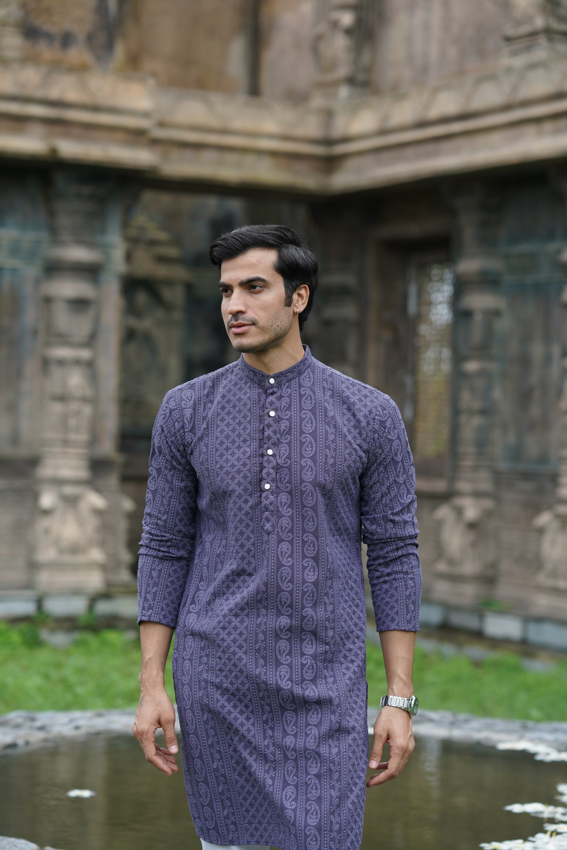 Grey Georgette Chikankari Kurta for Men with Fine Detailing